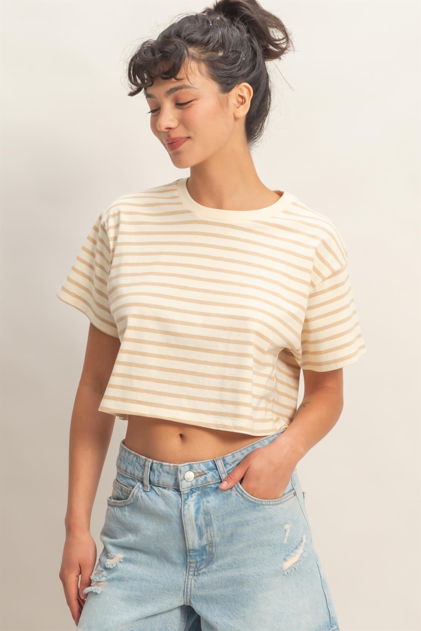 Wholesale Striped Oversized Short Sleeve Cropped Tee Clothing Tops DZ26C023 TAUPE DOUBLE ZERO