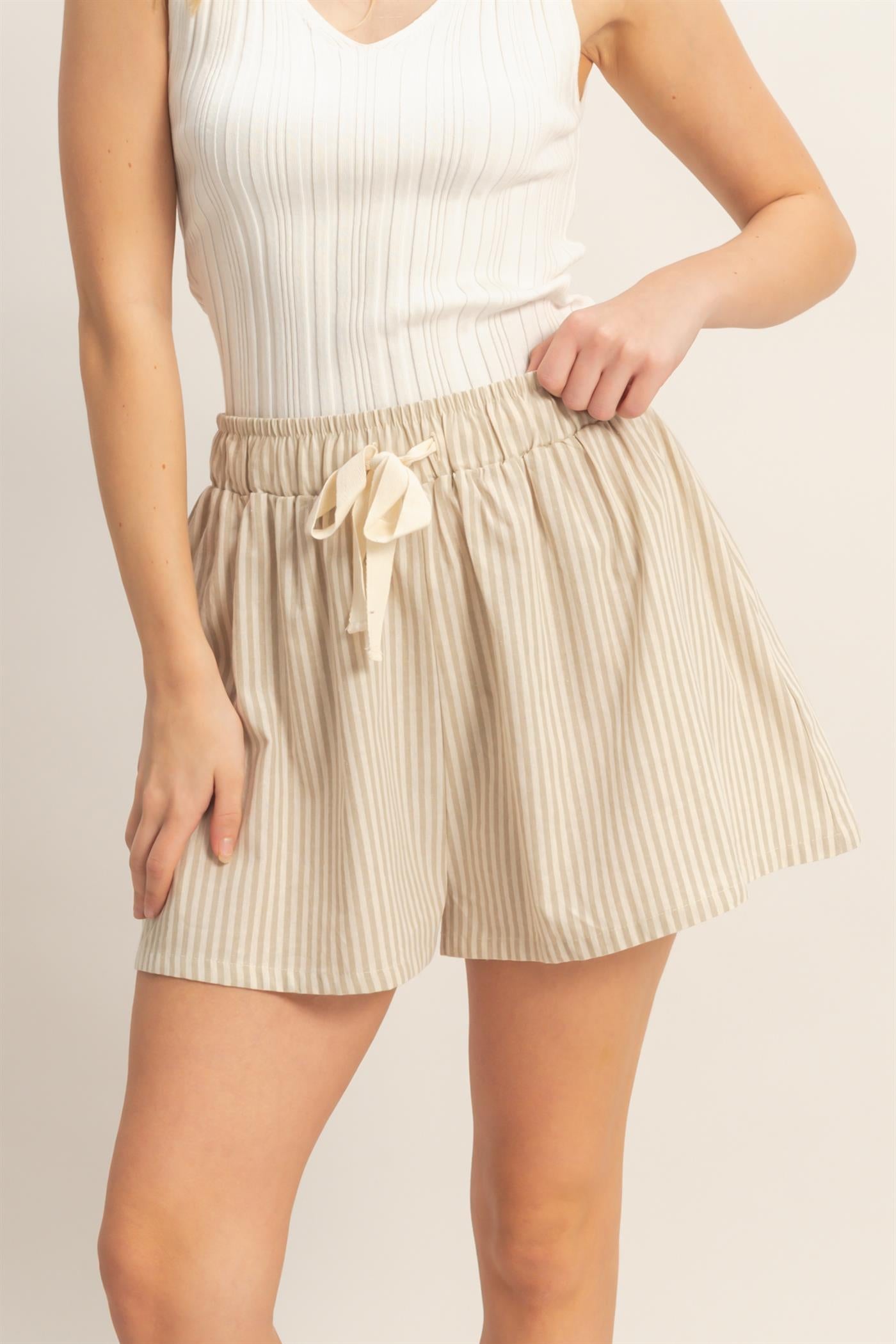 Wholesale Striped Elastic Waist Shorts Shorts HF26E387-D L.TAUPE HYFVE