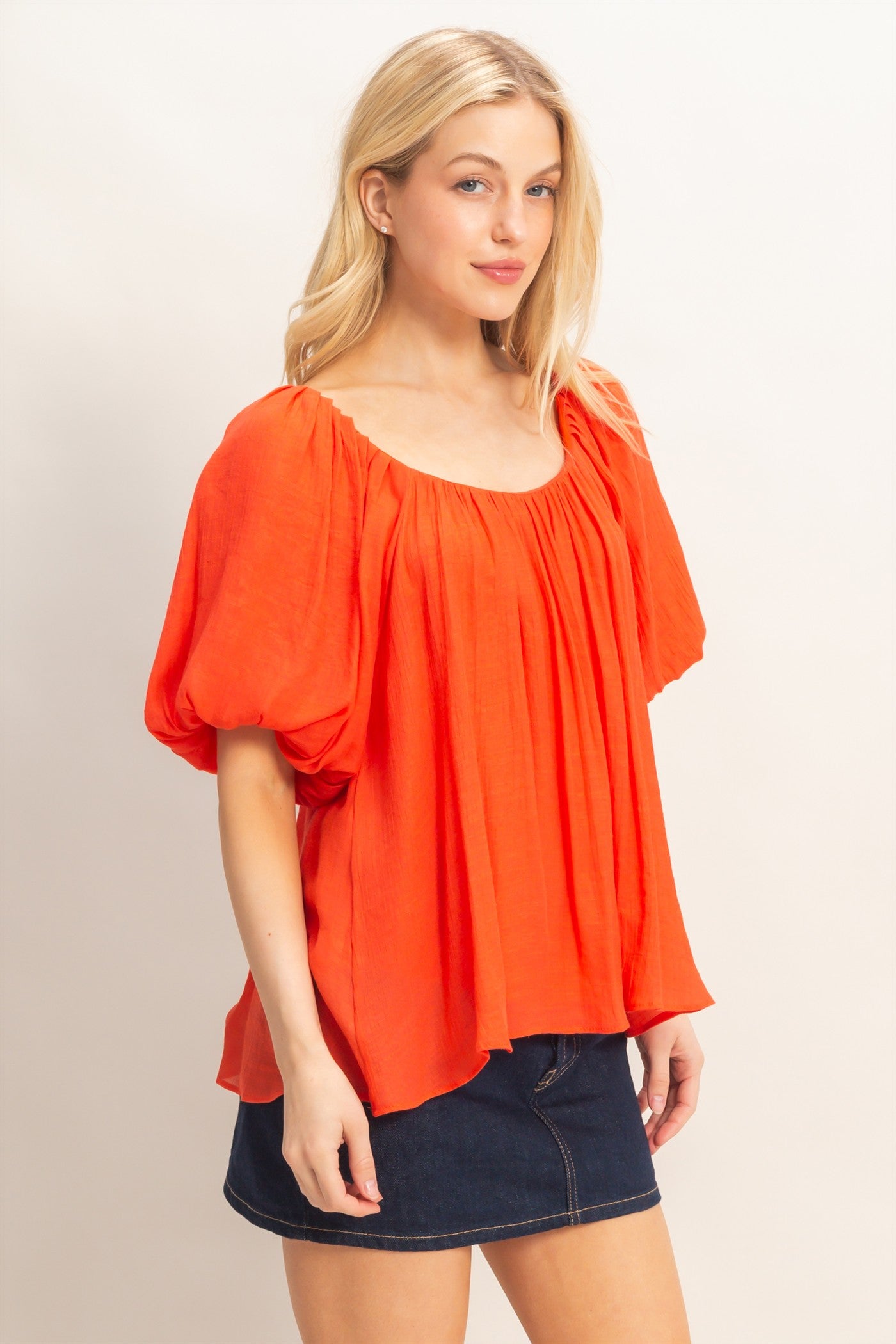 Wholesale Gathered Puff Sleeve Blouse Blouses HF26C307 ORANGE RED HYFVE