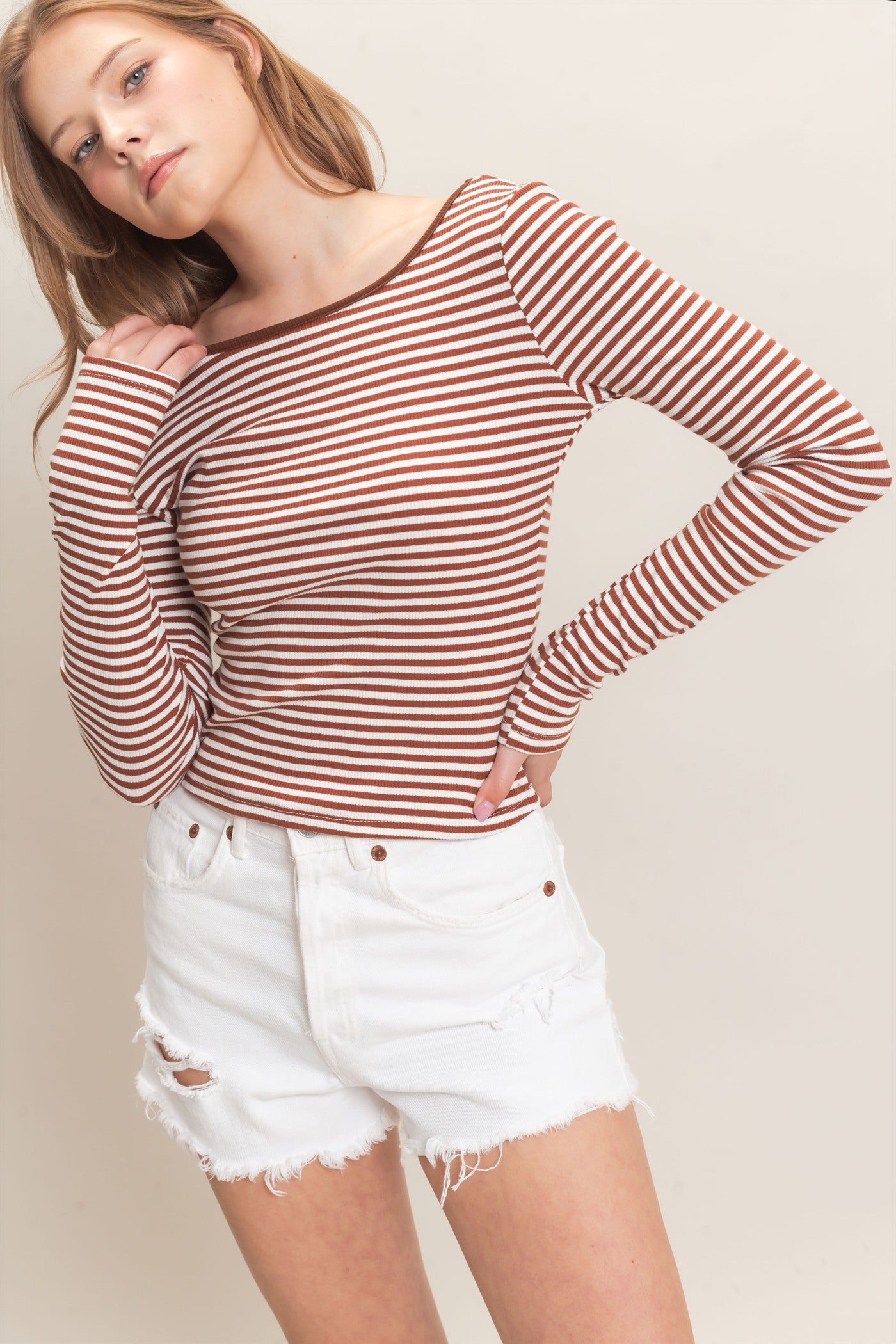 Wholesale Striped Boat Neck Long Sleeve Top Clothing Tops HF26F080 BROWN/WHITE HYFVE