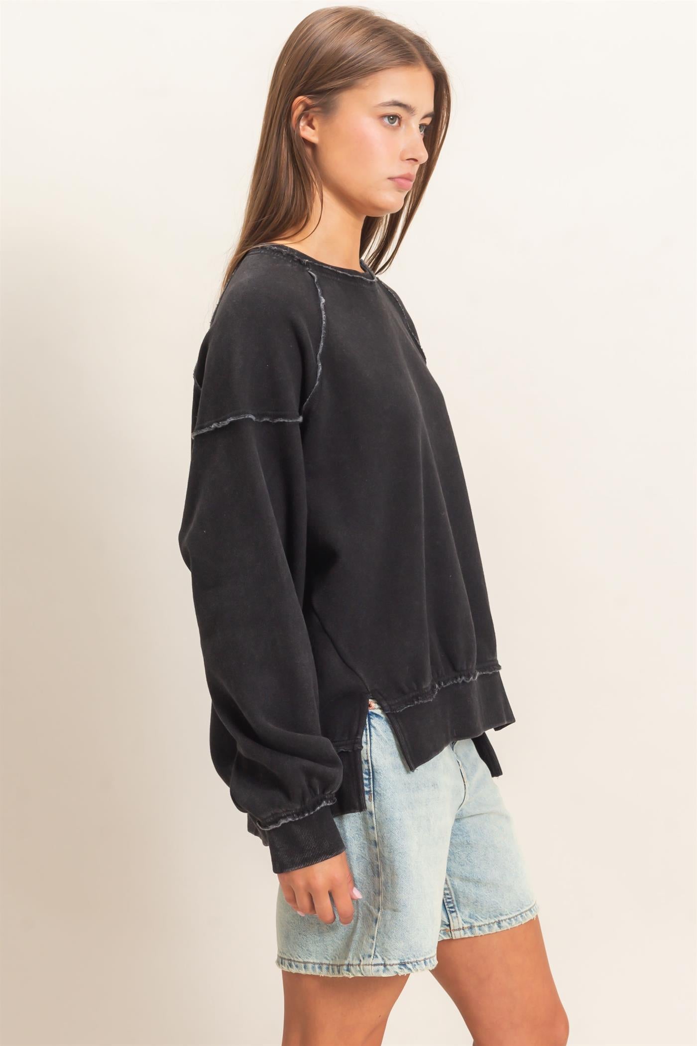 Wholesale Acid Wash Raw Edge Sweatshirt Sweatshirts DZ26C910 BLACK DOUBLE ZERO