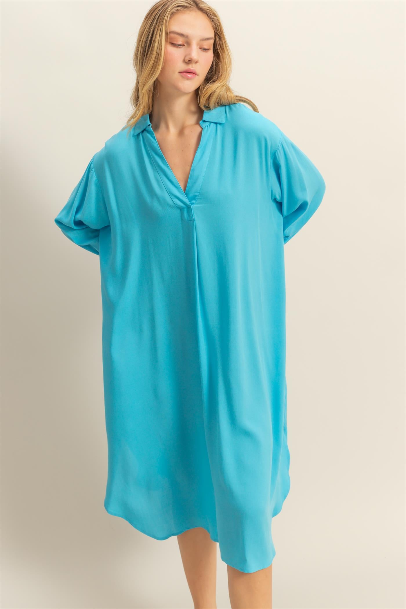 Wholesale V-Neck Long Sleeved Midi Shirts Dress Dresses DZ24E706 AQUA BLUE DOUBLE ZERO