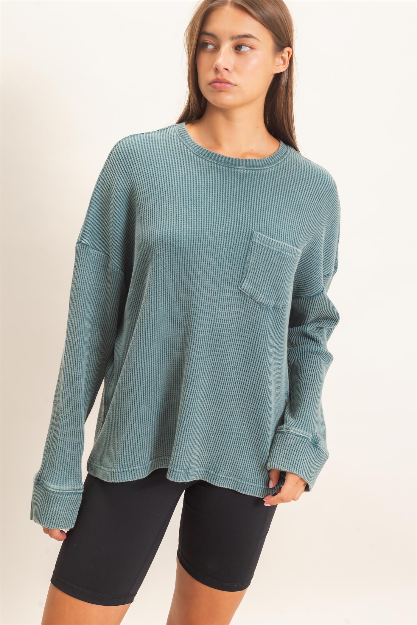 Wholesale Mineral Wash Waffle Long Sleeve Top Clothing Tops DZ26F242 DARK TEAL DOUBLE ZERO