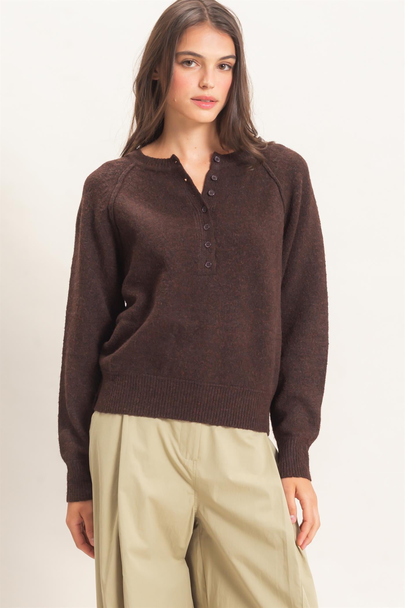 Wholesale Button Front Raglan Sweater Sweaters HF26E152 BROWN HYFVE