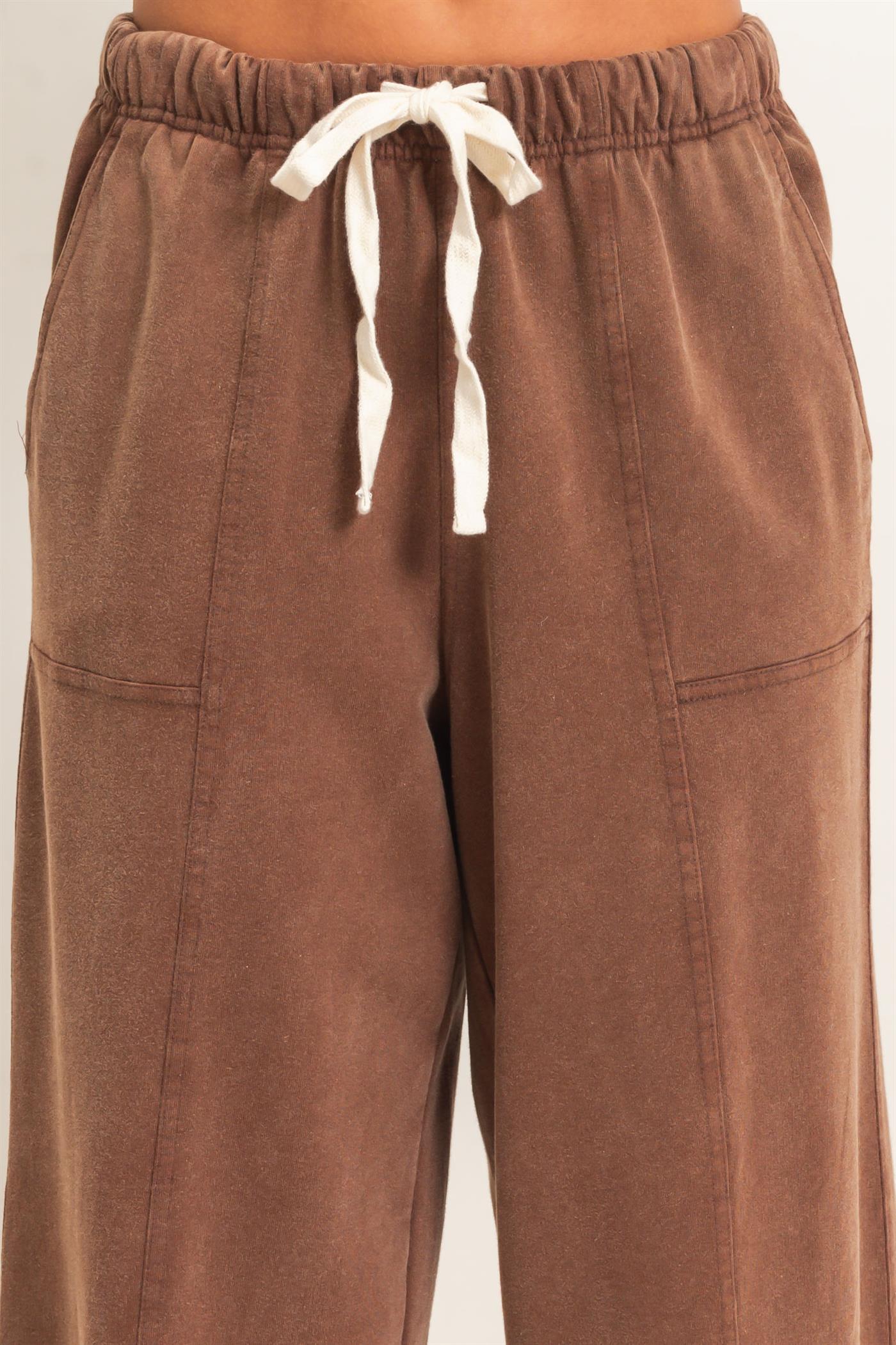 Wholesale Acid Wash Drawstring Waist Wide Leg Pants Pants DZ25A685 DARK BROWN DOUBLE ZERO