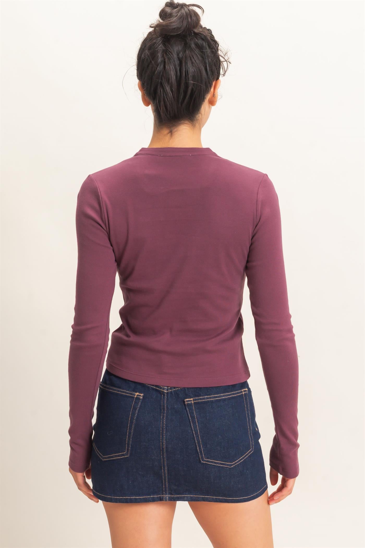 Wholesale Long Sleeve Henley Top Clothing Tops DZ26E865 DARK CHERRY DOUBLE ZERO