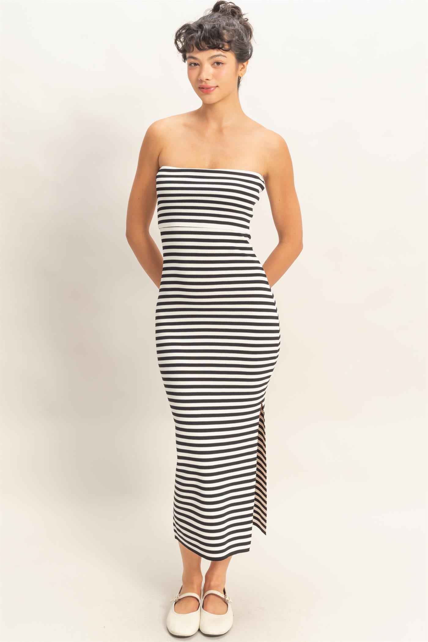 Wholesale Strapless Striped Bodycon Midi Dress Dresses DZ26C336 BLACK DOUBLE ZERO