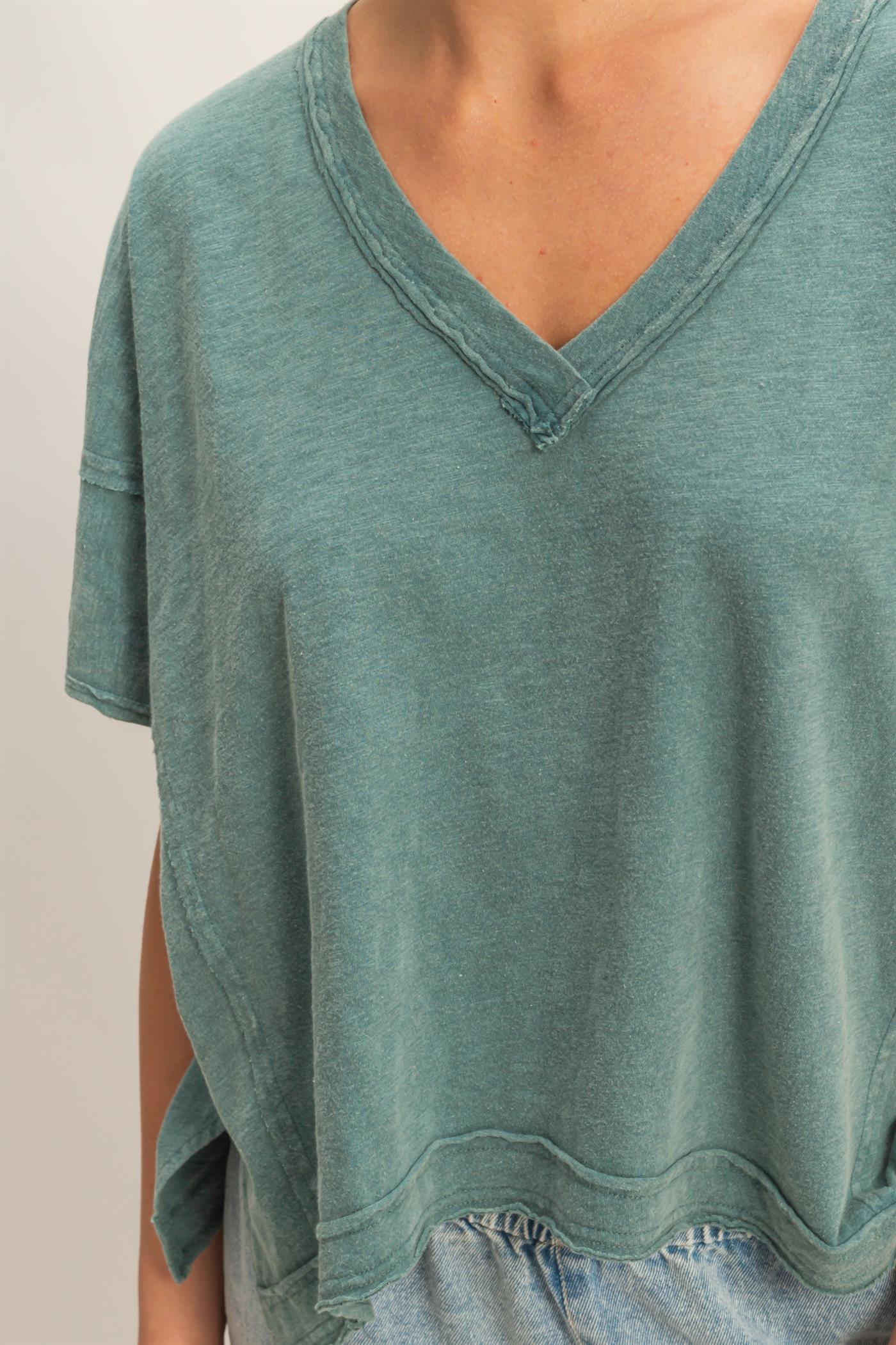 Wholesale Oversized V-Neck Short Sleeve Top Clothing Tops DZ26A032 DARK TEAL DOUBLE ZERO