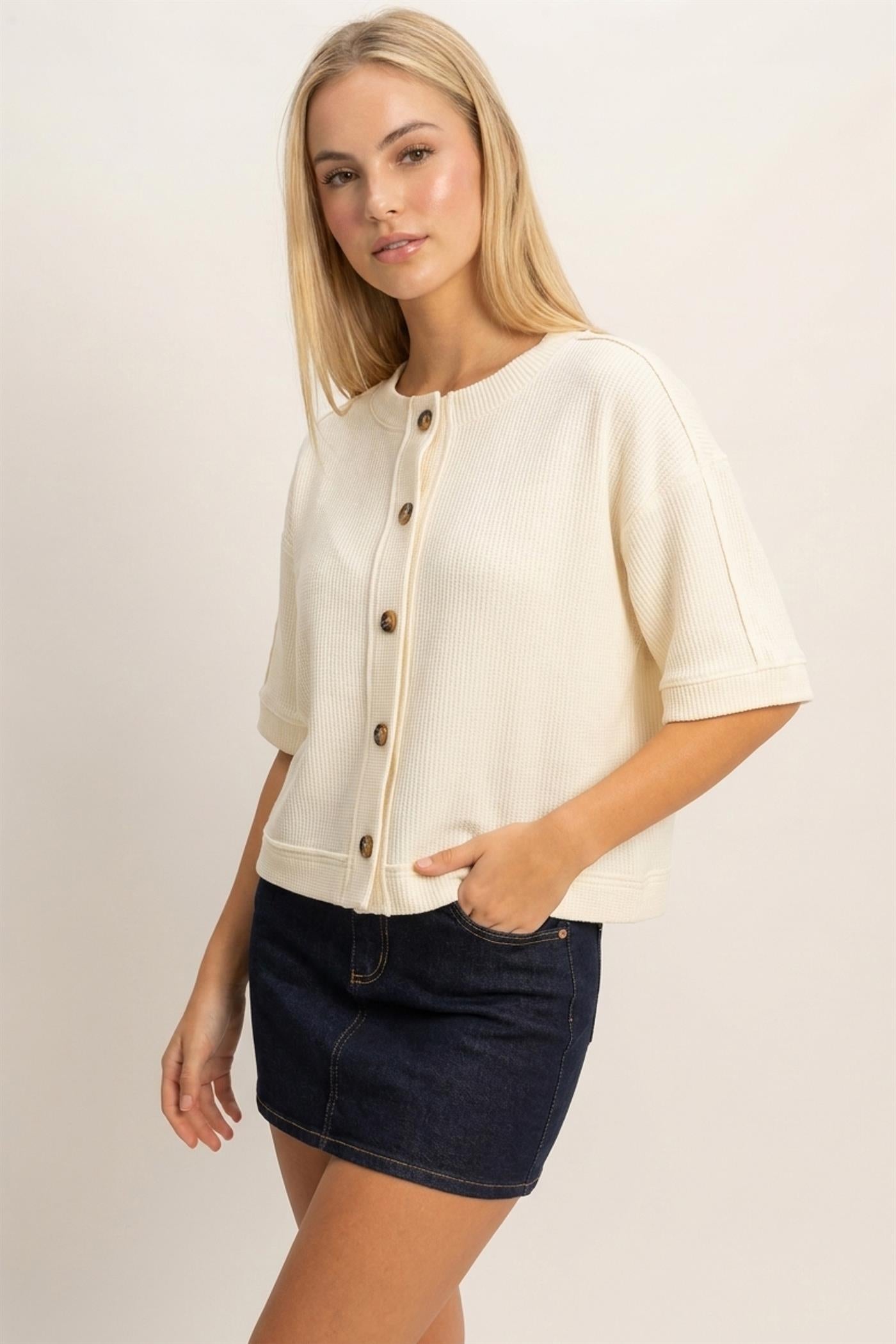 Wholesale Button-Down Short Sleeve Waffle Top Clothing Tops DZ26F244 CREAM DOUBLE ZERO