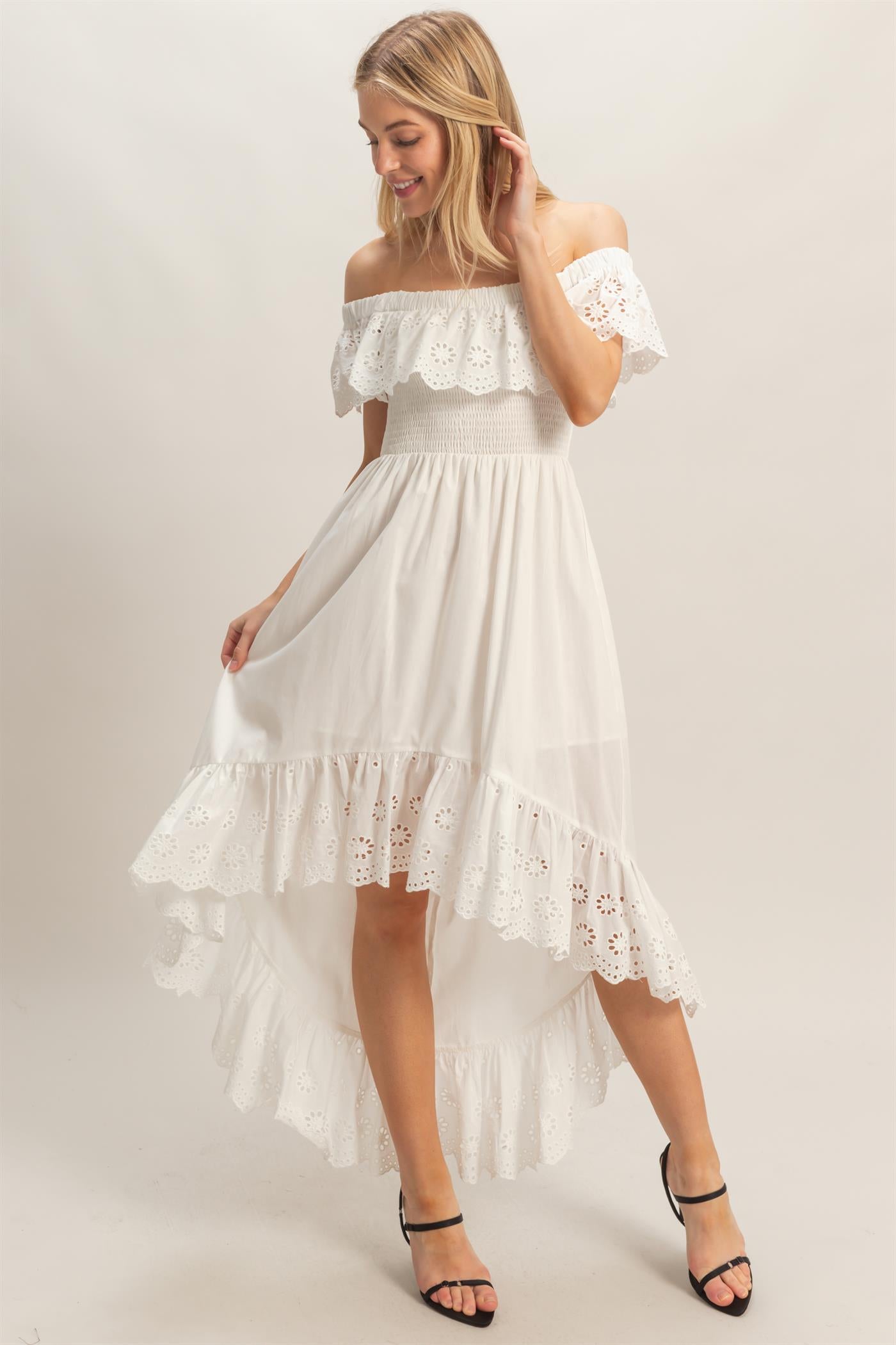 Wholesale Off Shoulder Smocked Dress Dresses HF26C305 WHITE HYFVE