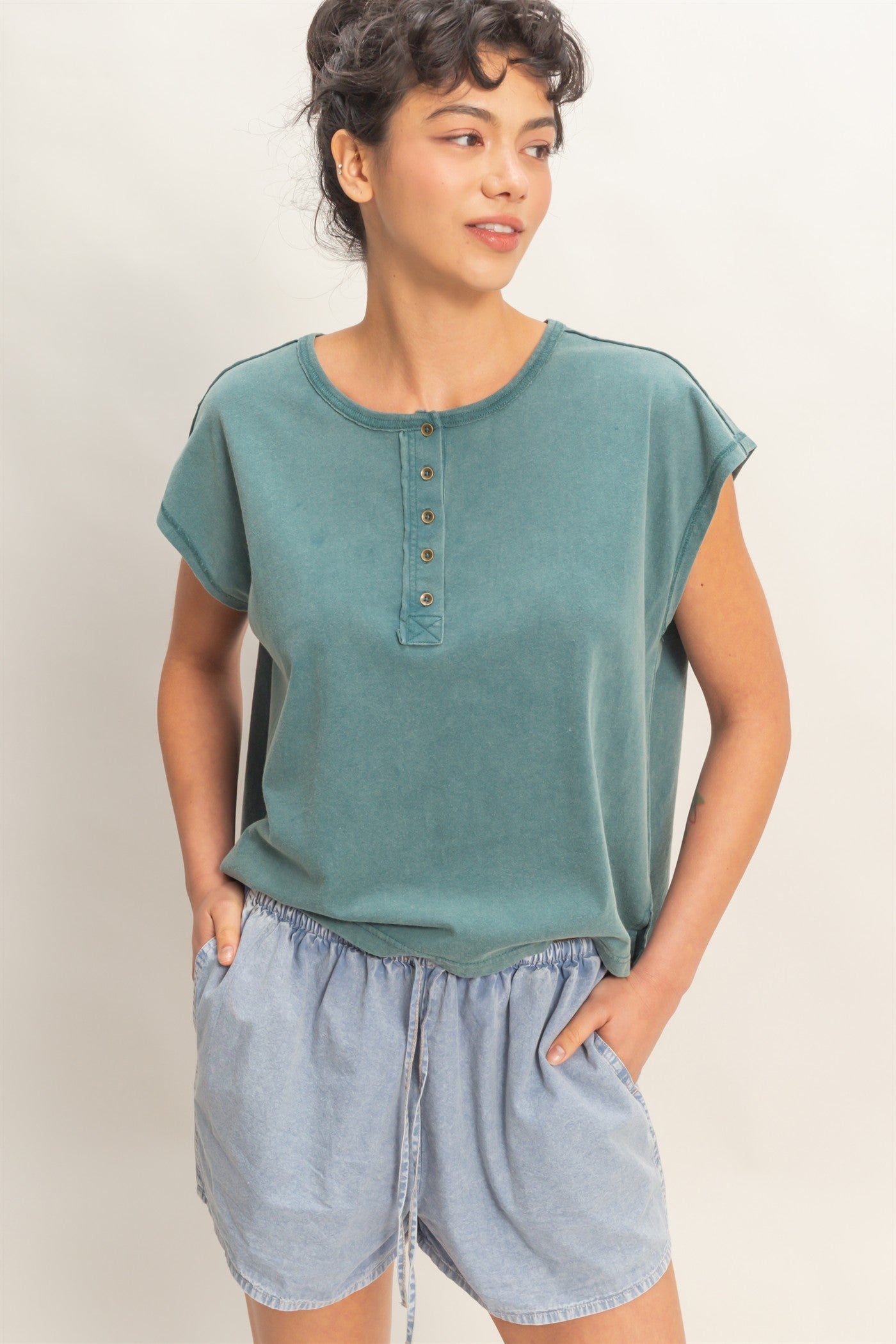 Wholesale Henley Neck Cap Sleeve Top Clothing Tops DZ26E279 DARK TEAL DOUBLE ZERO