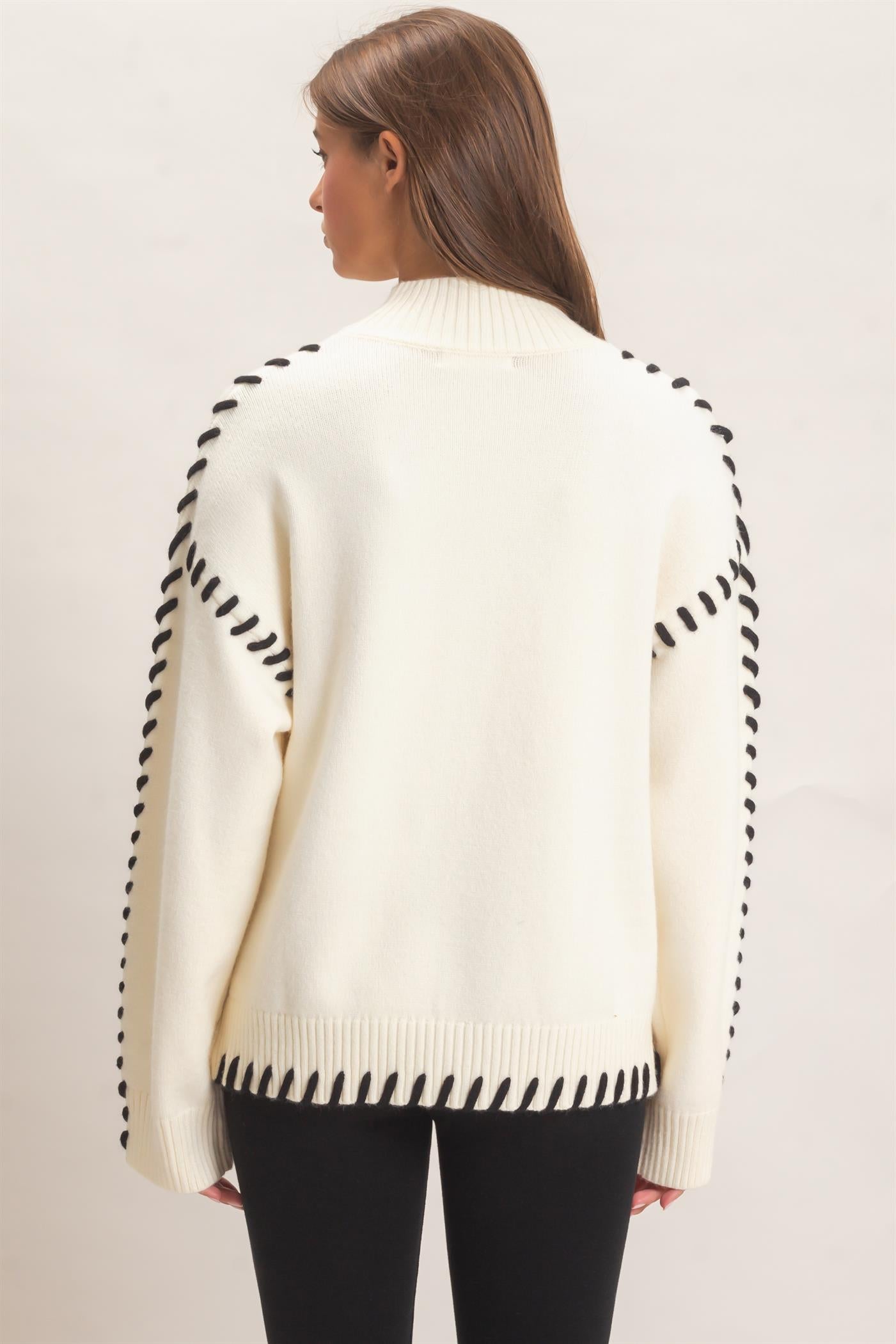 Wholesale Blanket Stitch High Neck Sweater Sweaters DZ27A190 CREAM DOUBLE ZERO