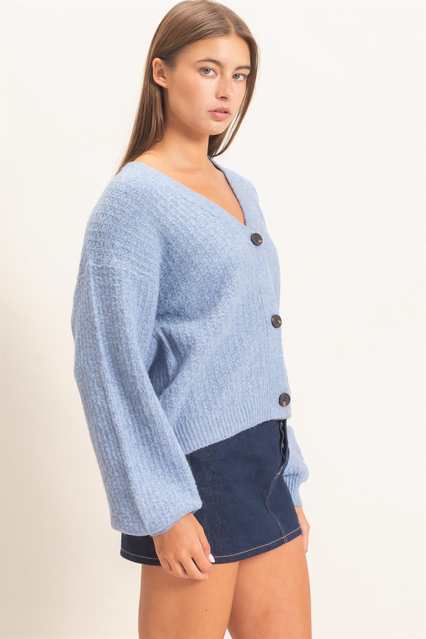 Wholesale Textured V-Neck Cardigan Cardigans DZ26E080 DUSTY BLUE DOUBLE ZERO