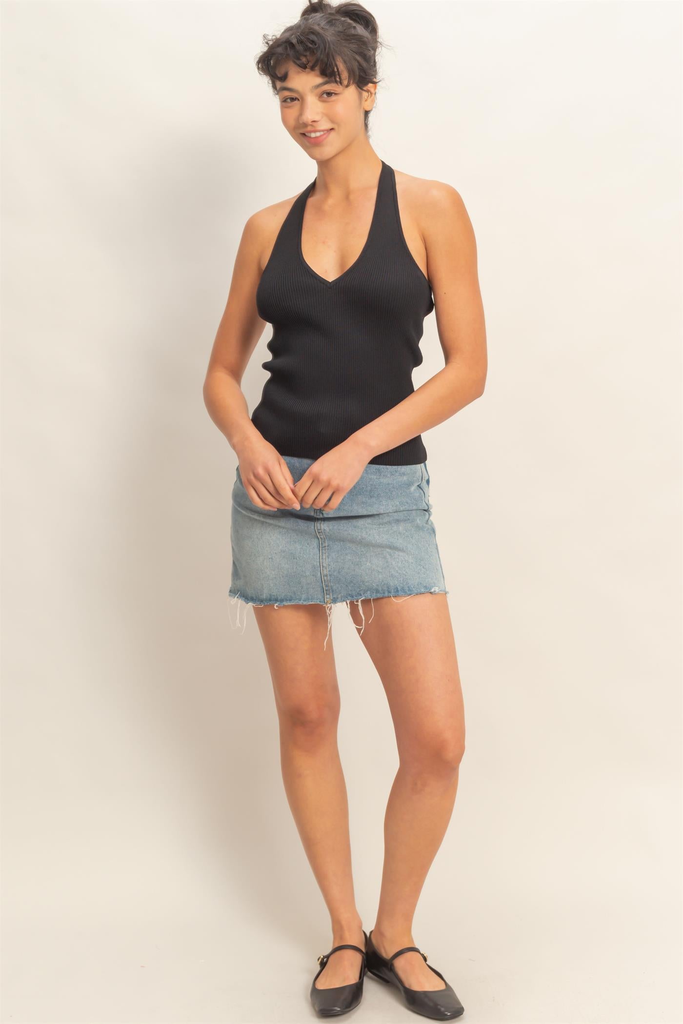 Wholesale Ribbed Halter Neck Top Clothing Tops DZ26C628 BLACK DOUBLE ZERO