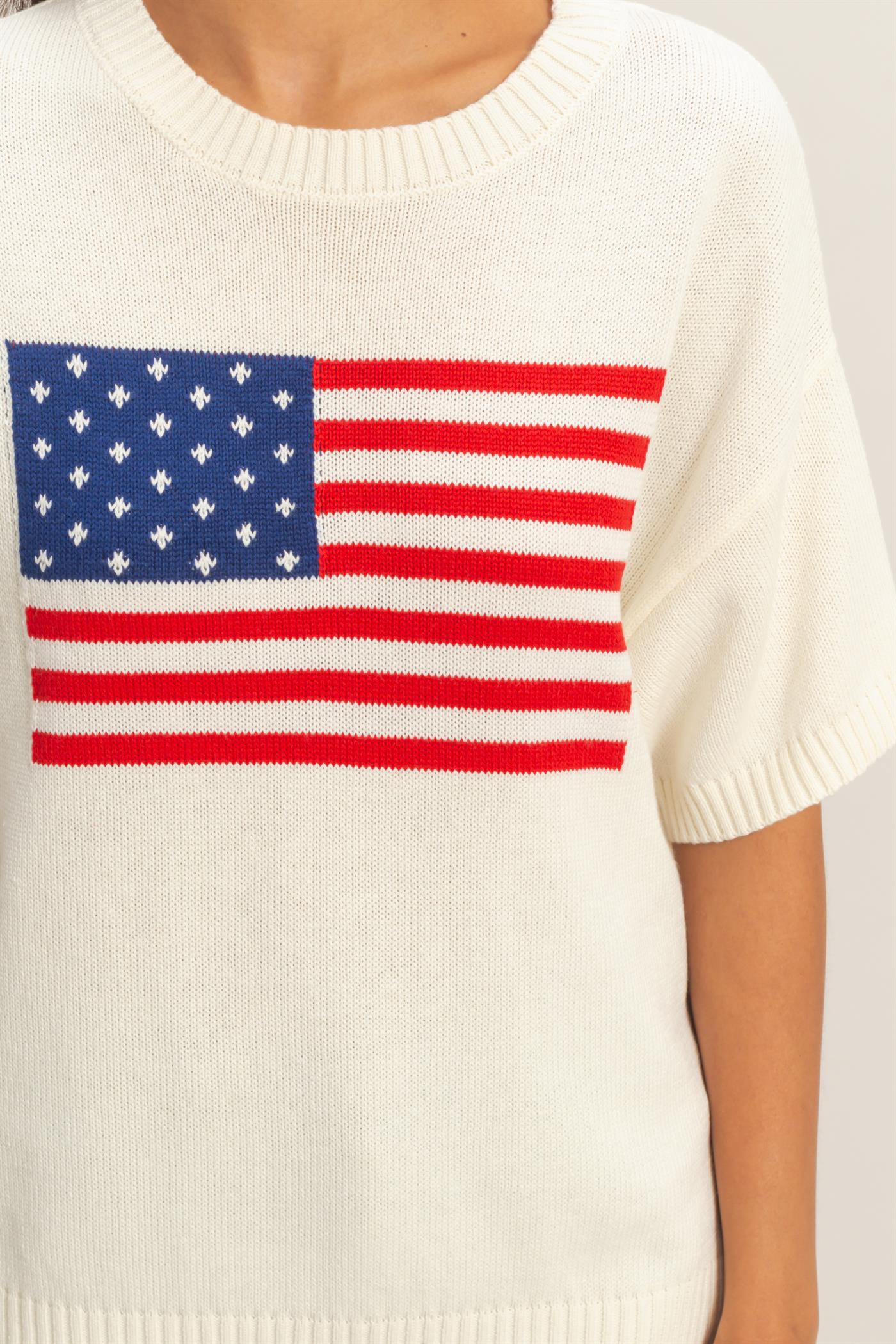 Wholesale American Flag Knit Top Shirts DZ26A309 CREAM DOUBLE ZERO