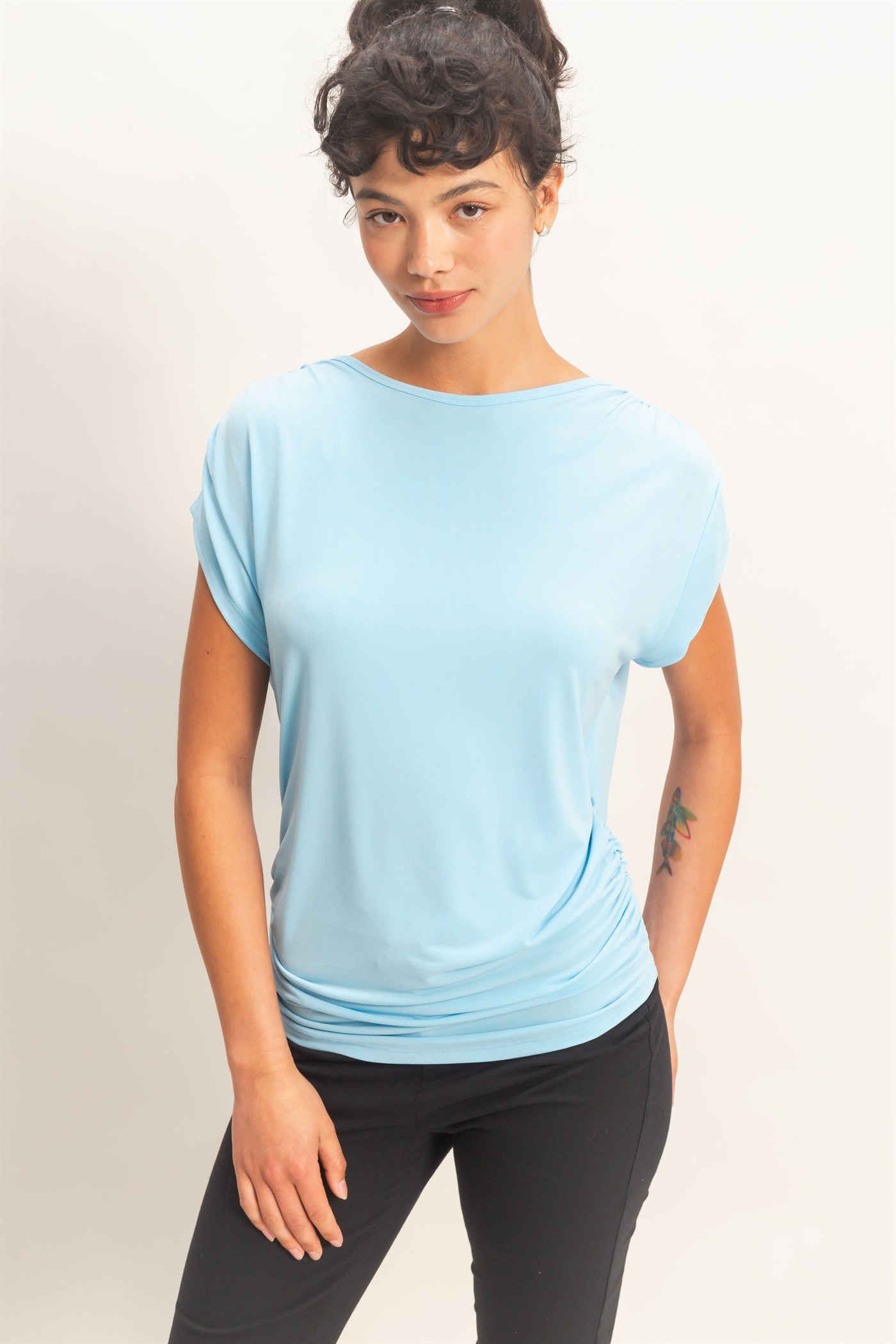 Wholesale Cowl Back Draped Cap Sleeve Top Clothing Tops DZ26C025 BLUE DOUBLE ZERO