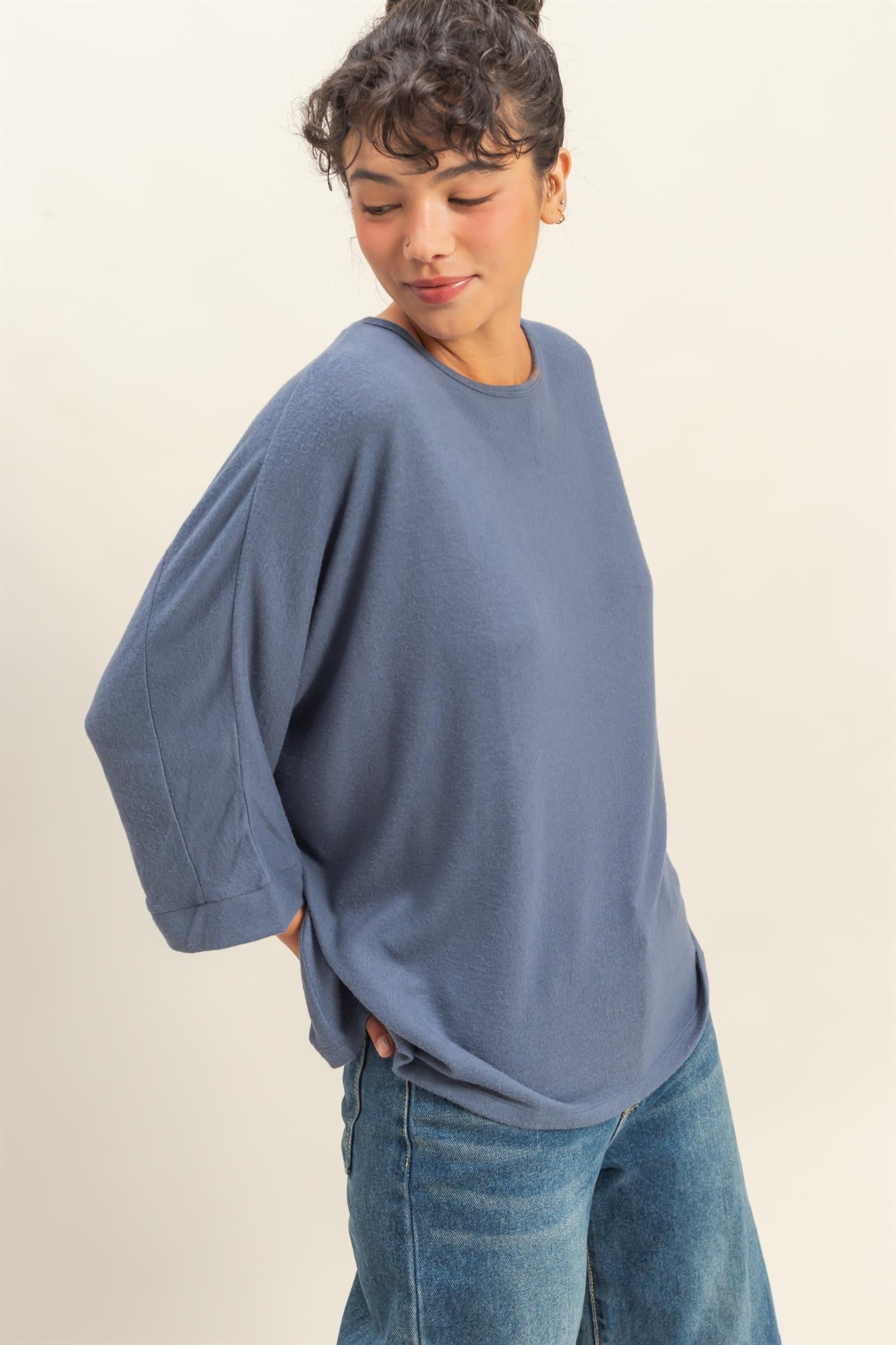 Wholesale Batwing 3/4 Sleeve Oversized Top Clothing Tops DZ25E133 DUSTY NAVY DOUBLE ZERO