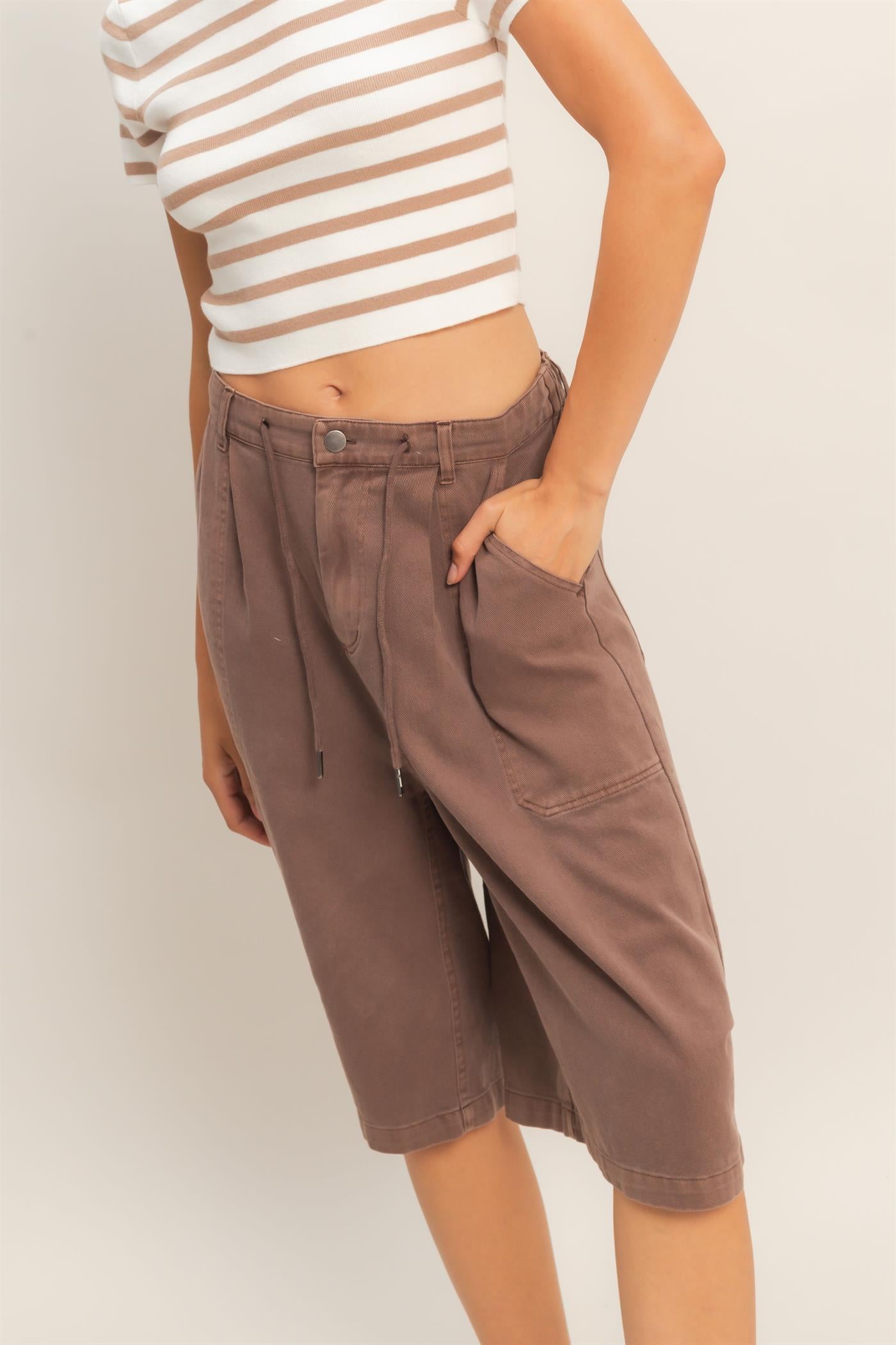 Wholesale Drawstring Waist Wide Leg Jorts Shorts DZ26F283 CHOCOLATE DOUBLE ZERO
