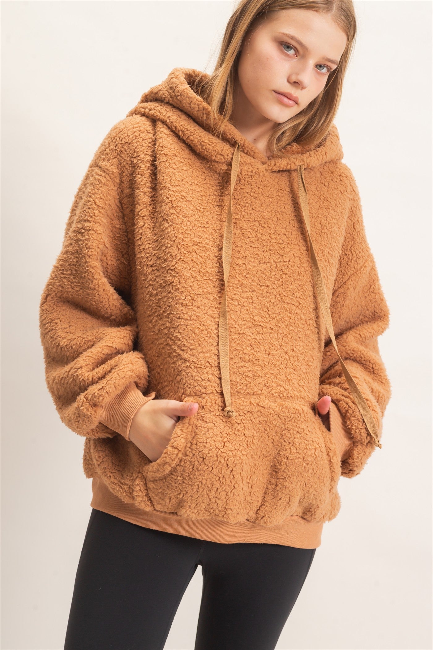 Wholesale Plush Sherpa Pullover Hoodie Hoodies HF26F289 CAMEL HYFVE