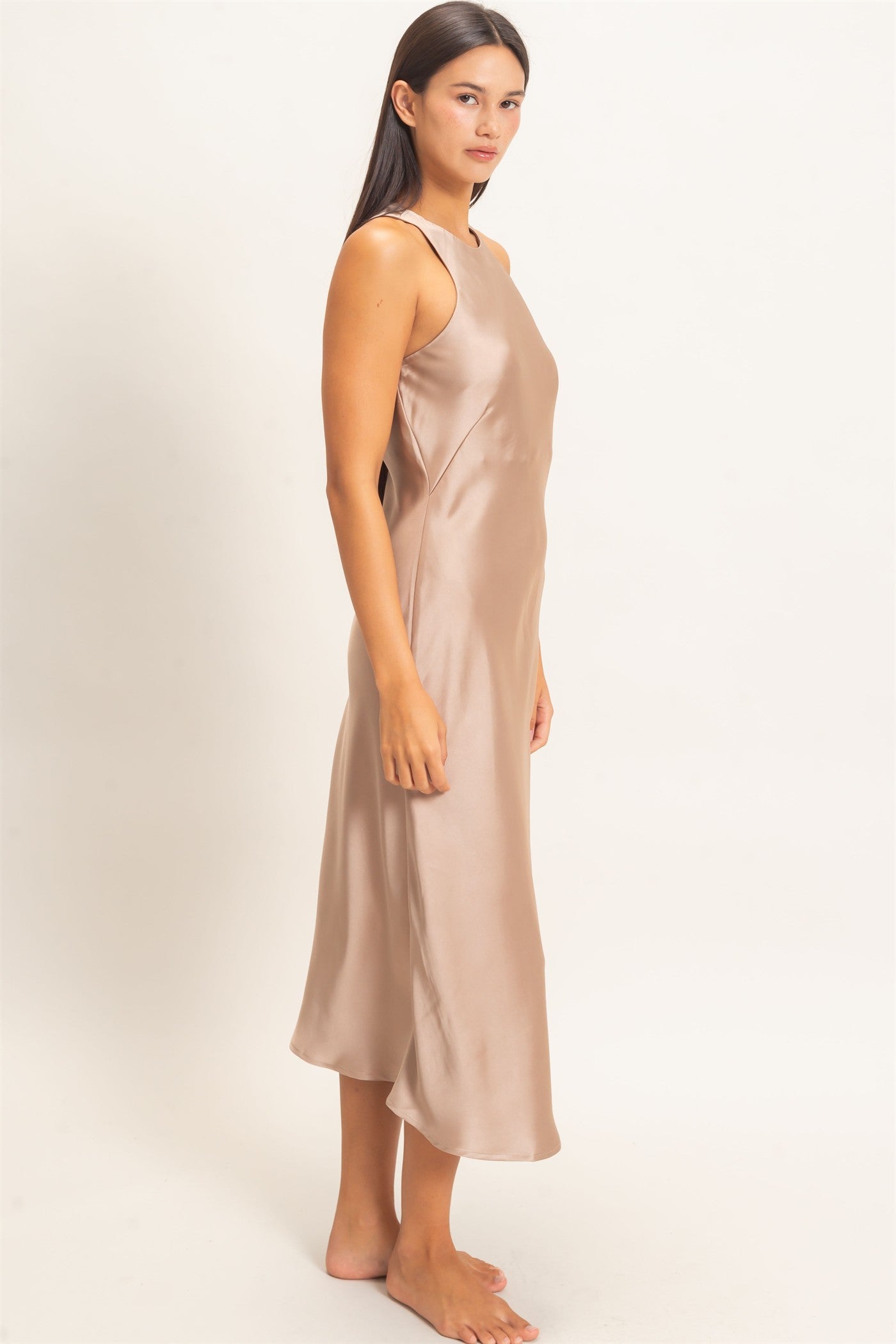 Wholesale Sleeveless Satin Midi Dress Dresses DZ26E257 DARK TAUPE DOUBLE ZERO