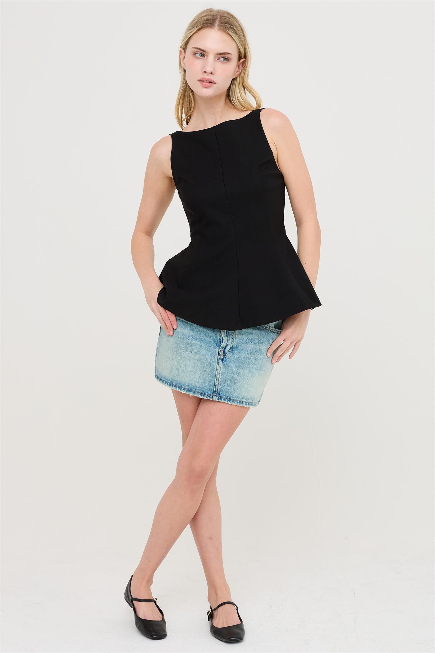 Wholesale Sleeveless Open Back Peplum Top Clothing Tops HF26A292 BLACK HYFVE
