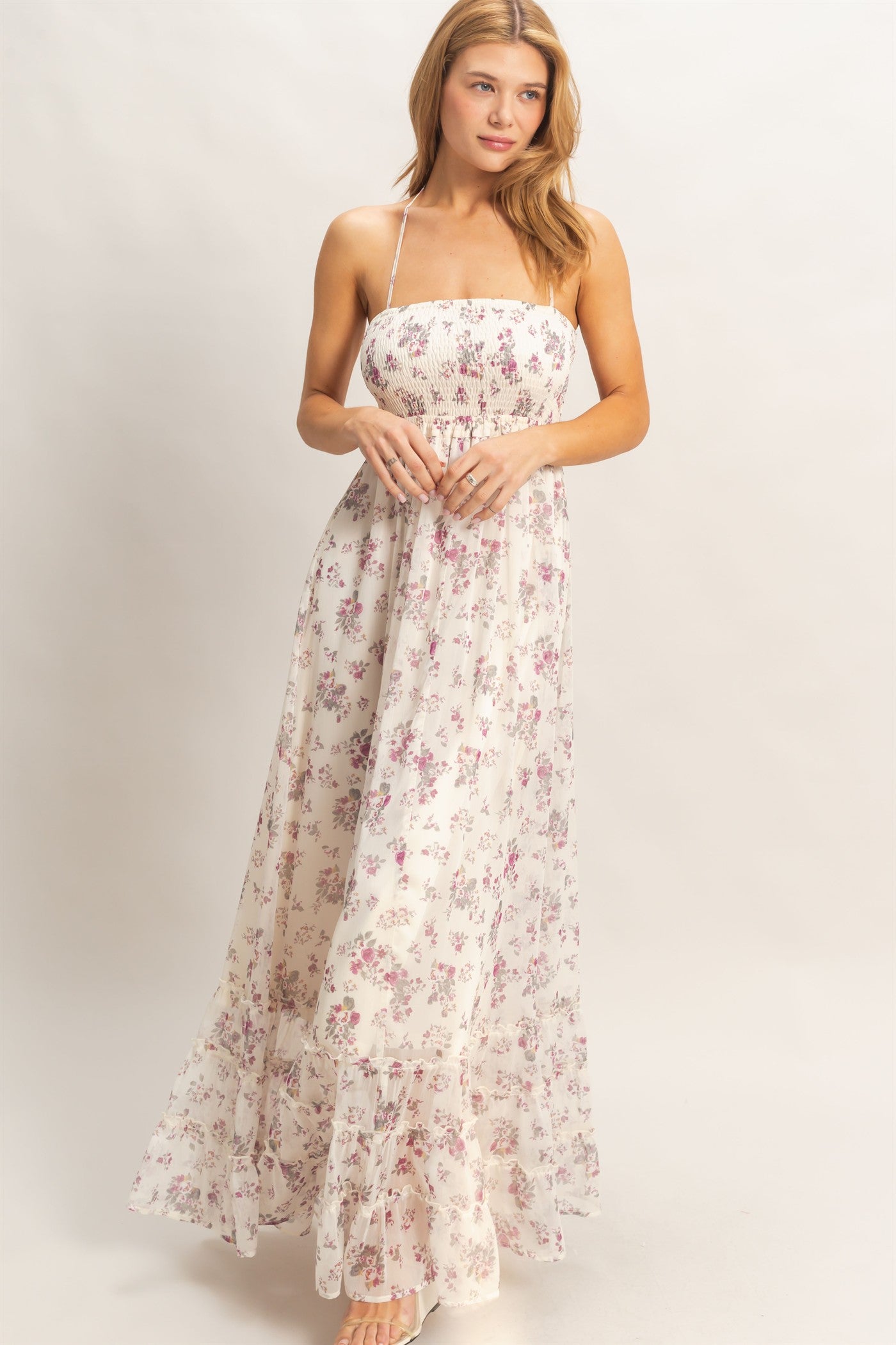 Wholesale Smocked Floral Maxi Dress Dresses HF26E648 ROSE WINE HYFVE