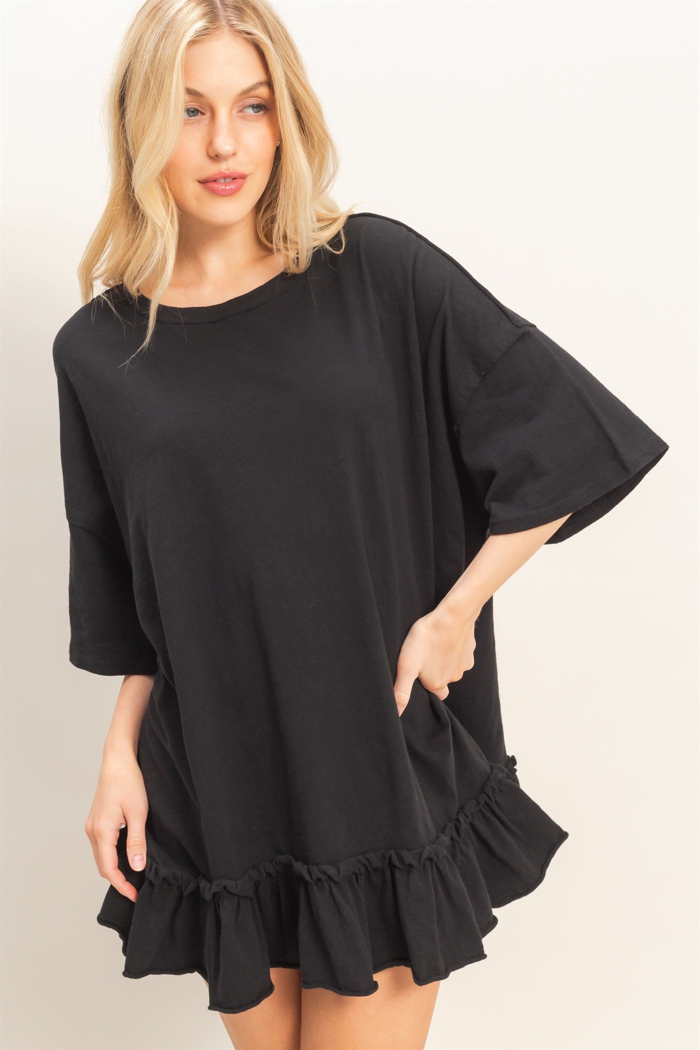 Wholesale Ruffled Hem Oversized Tunic Dresses HF26A785 BLACK HYFVE