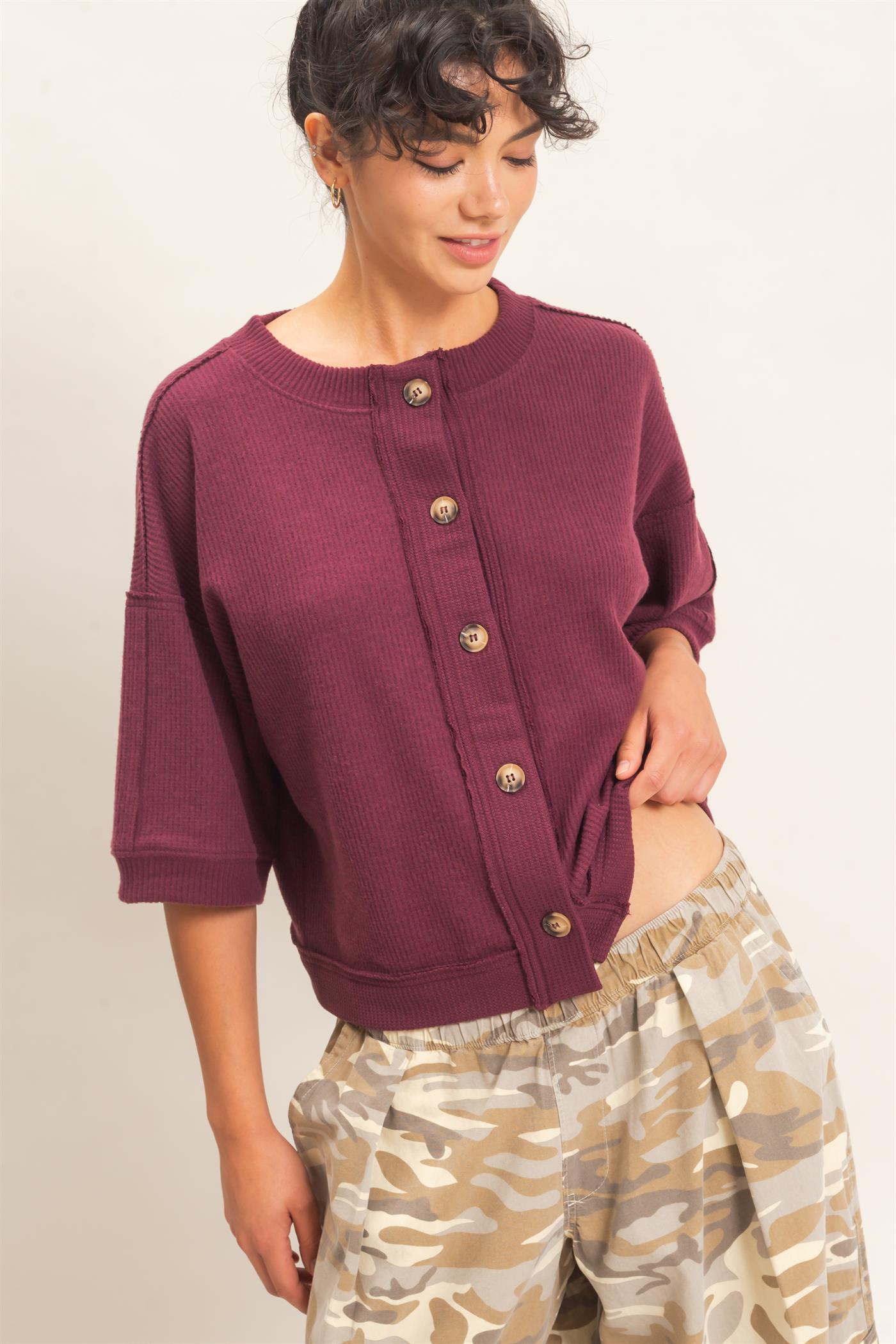 Wholesale Button-Down Short Sleeve Waffle Top Clothing Tops DZ26F244 DARK CHERRY DOUBLE ZERO