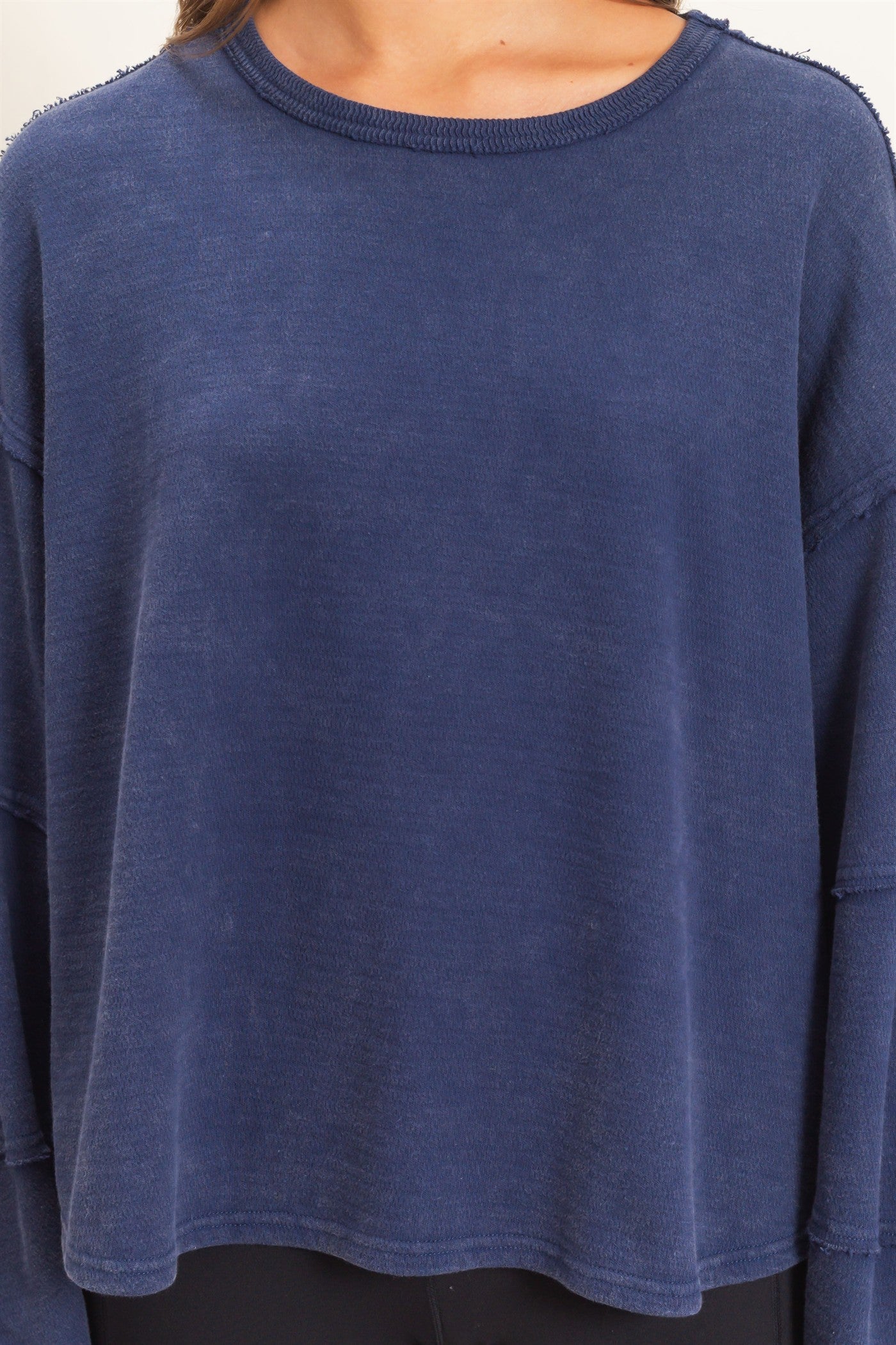 Wholesale Mineral Wash Overzised Raw Edge Crew Neck Top Clothing Tops DZ26E449 NAVY DOUBLE ZERO