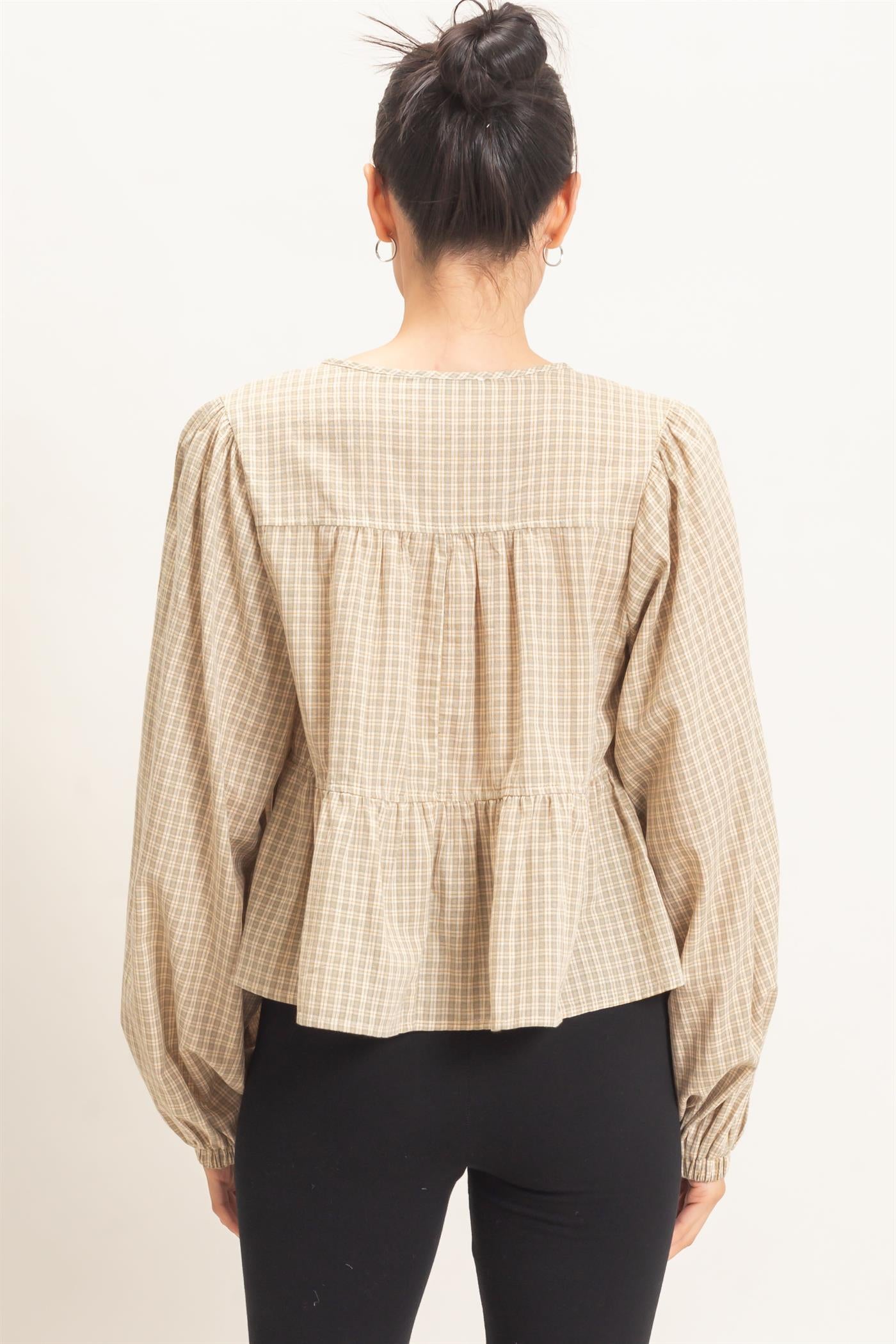 Wholesale Checkered Tie Neck Top Clothing Tops HF26E732 CREAM HYFVE