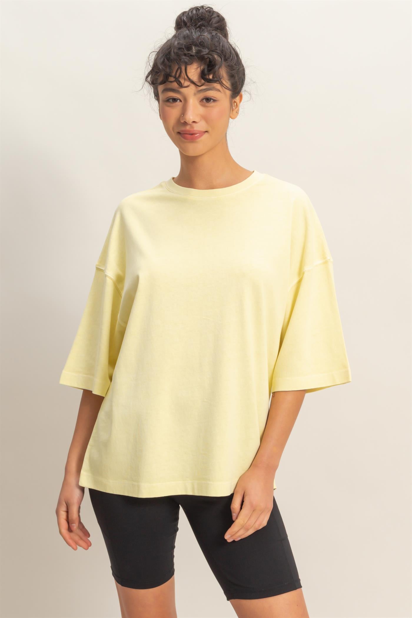 Wholesale Pigment Dye Oversized Half-Sleeve T-Shirt Clothing Tops DZ26A459 PALE YELLOW DOUBLE ZERO