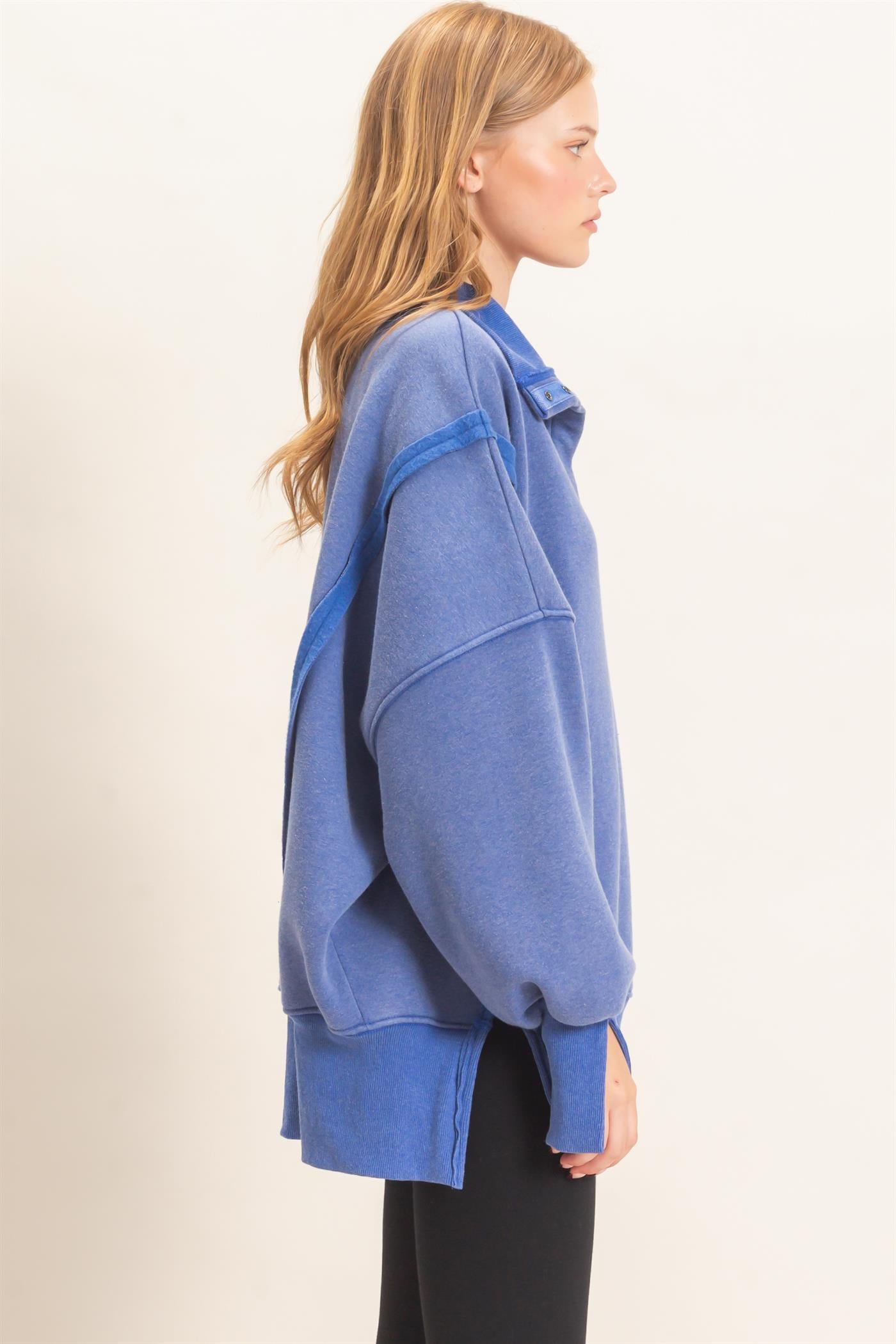 Wholesale Mineral Wash Snap Collar Pullover Clothing Tops HF26F086-D BLUE HYFVE