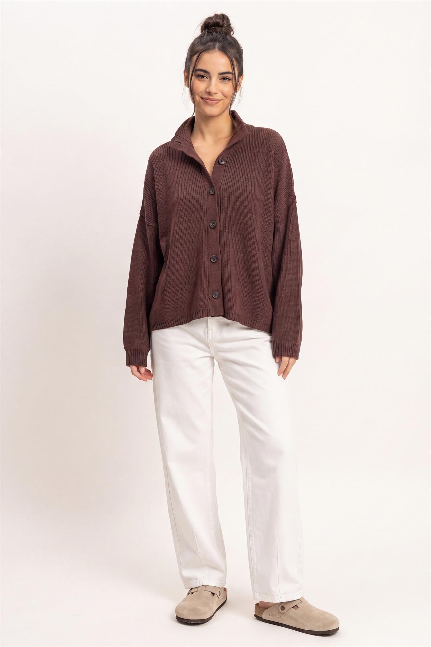 Wholesale High Neck Oversized Cardigan Cardigans DZ26E280 DARK BROWN DOUBLE ZERO