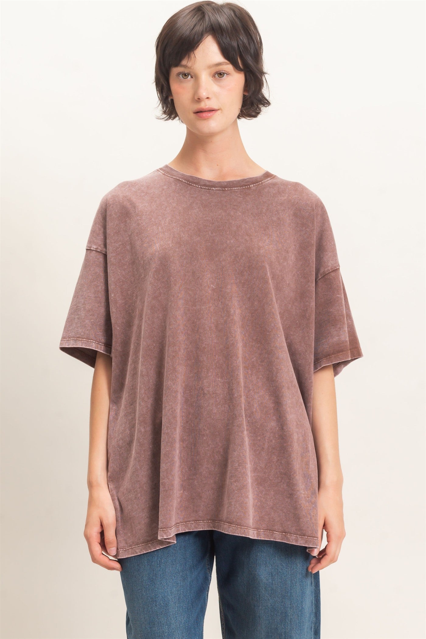 Wholesale Mineral Wash Oversized Crew Neck T-Shirts Clothing Tops DZ26C961 DARK BROWN DOUBLE ZERO