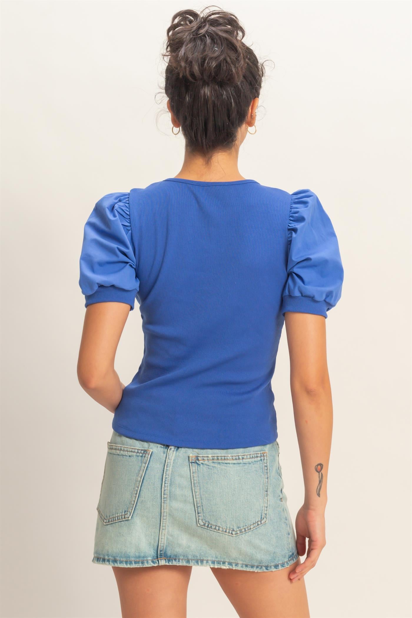 Wholesale Ribbed Puff Sleeve Scoop Neck Top Clothing Tops DZ26C071 COBALT DOUBLE ZERO