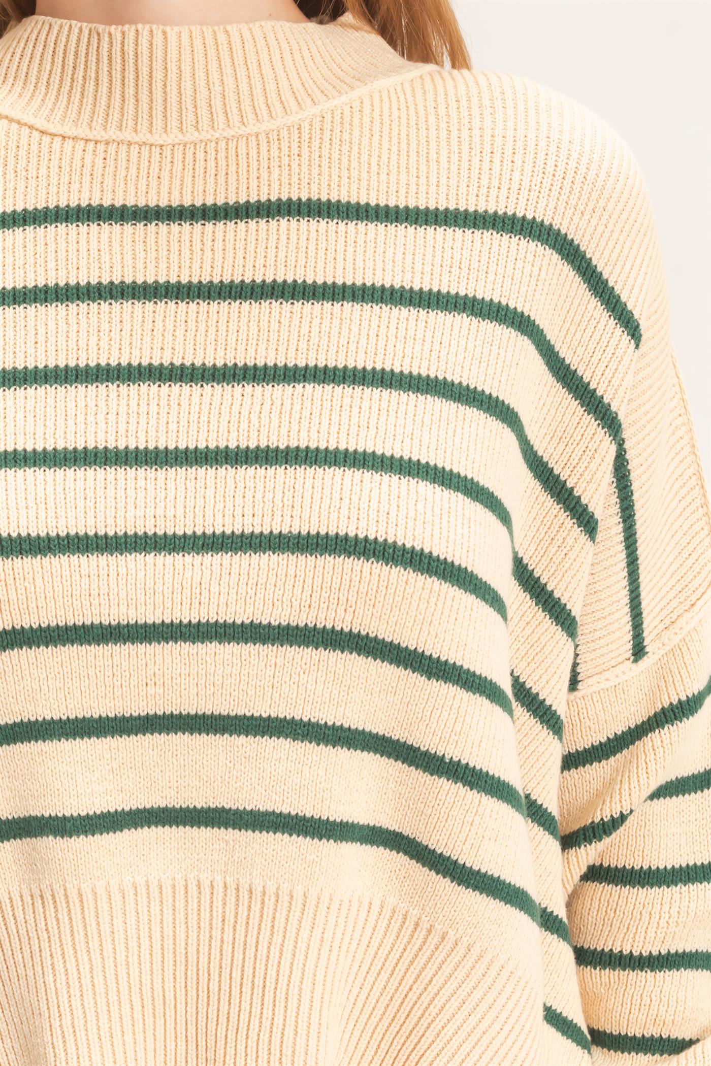 Wholesale Striped Mock Neck Cropped Sweater Sweaters HF26F192 GREEN HYFVE