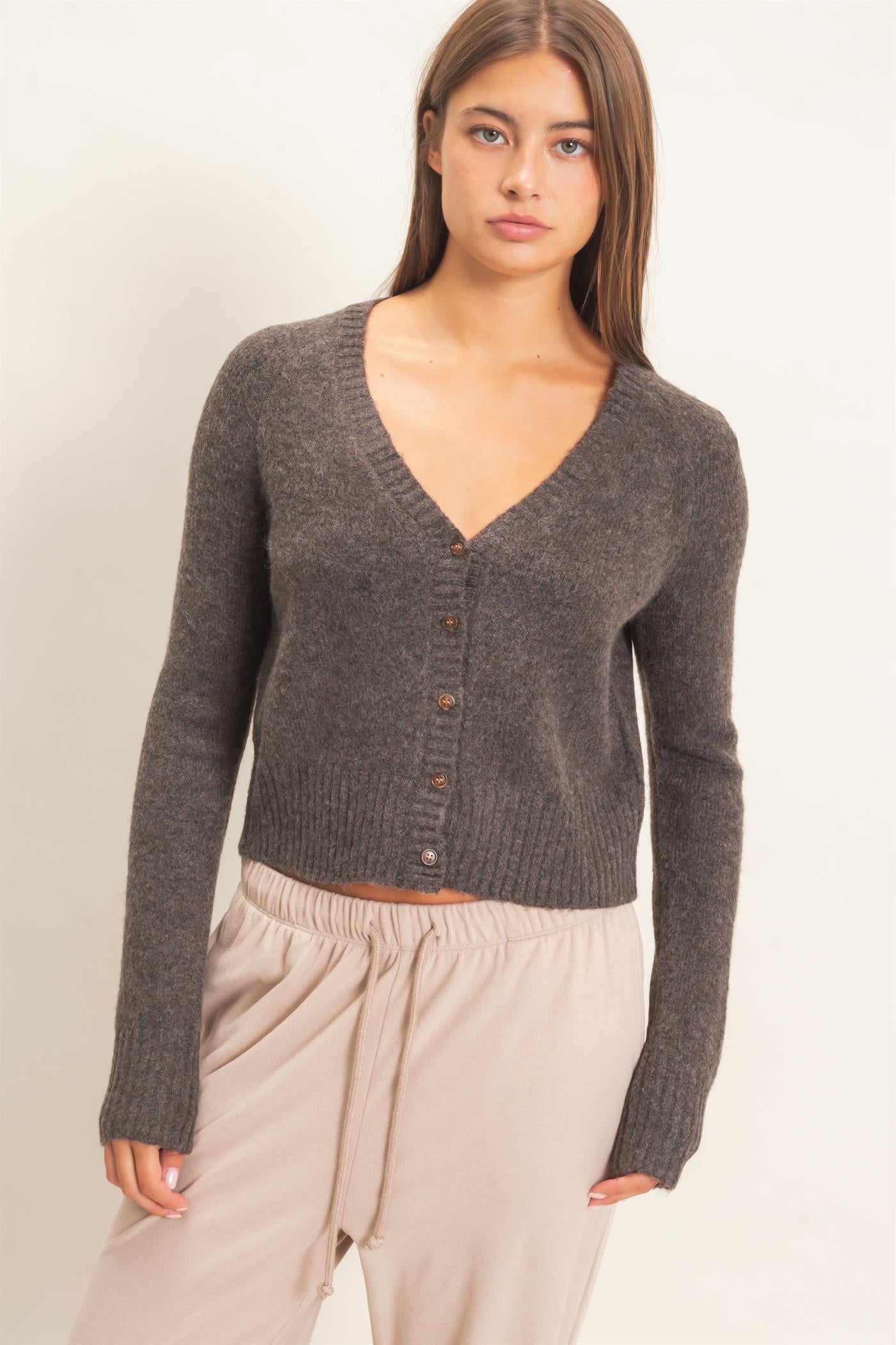 Wholesale V-Neck Cardigan Cardigans DZ26E326 DARK BROWN DOUBLE ZERO