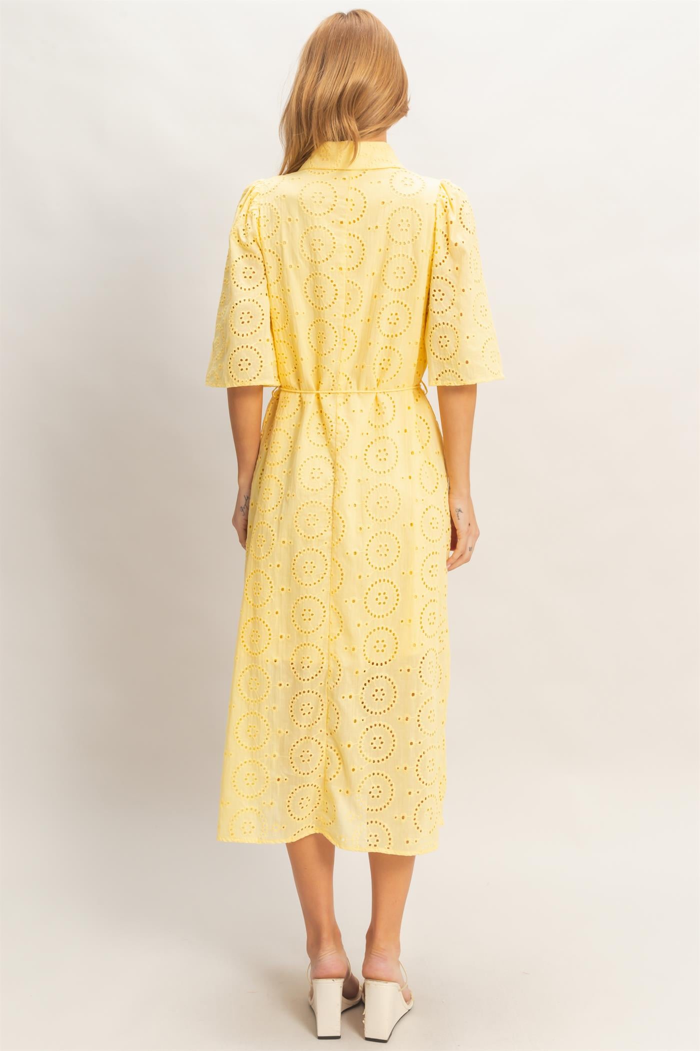 Wholesale Eyelet Collared Midi Dress Dresses HF26A021 YELLOW HYFVE