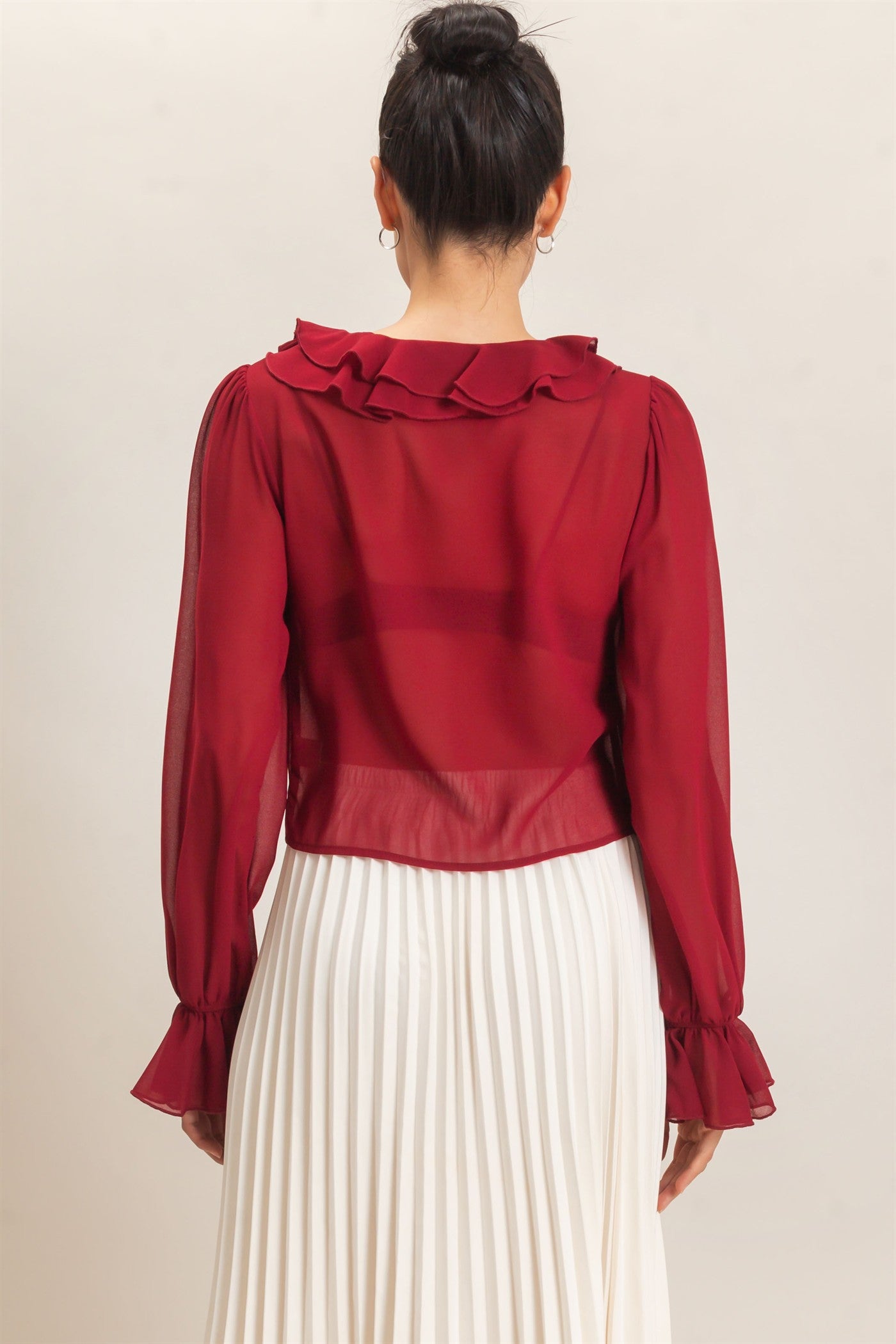 Wholesale Ruffled V-Neck Blouse Blouses HF26F066 BURGUNDY HYFVE