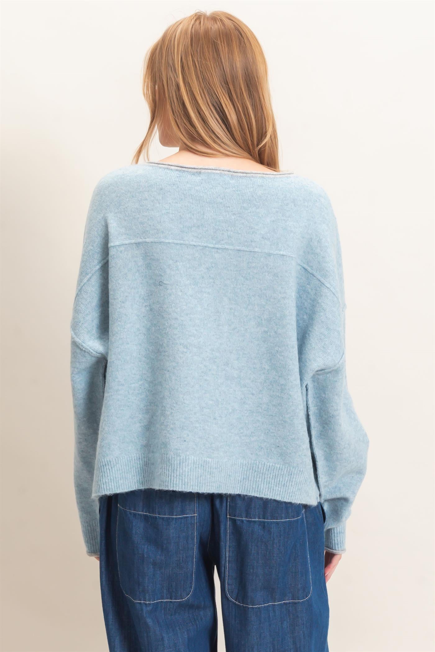 Wholesale Relaxed Wide Neck Knit Sweater Sweaters HF26E066-D LIGHT BLUE HYFVE