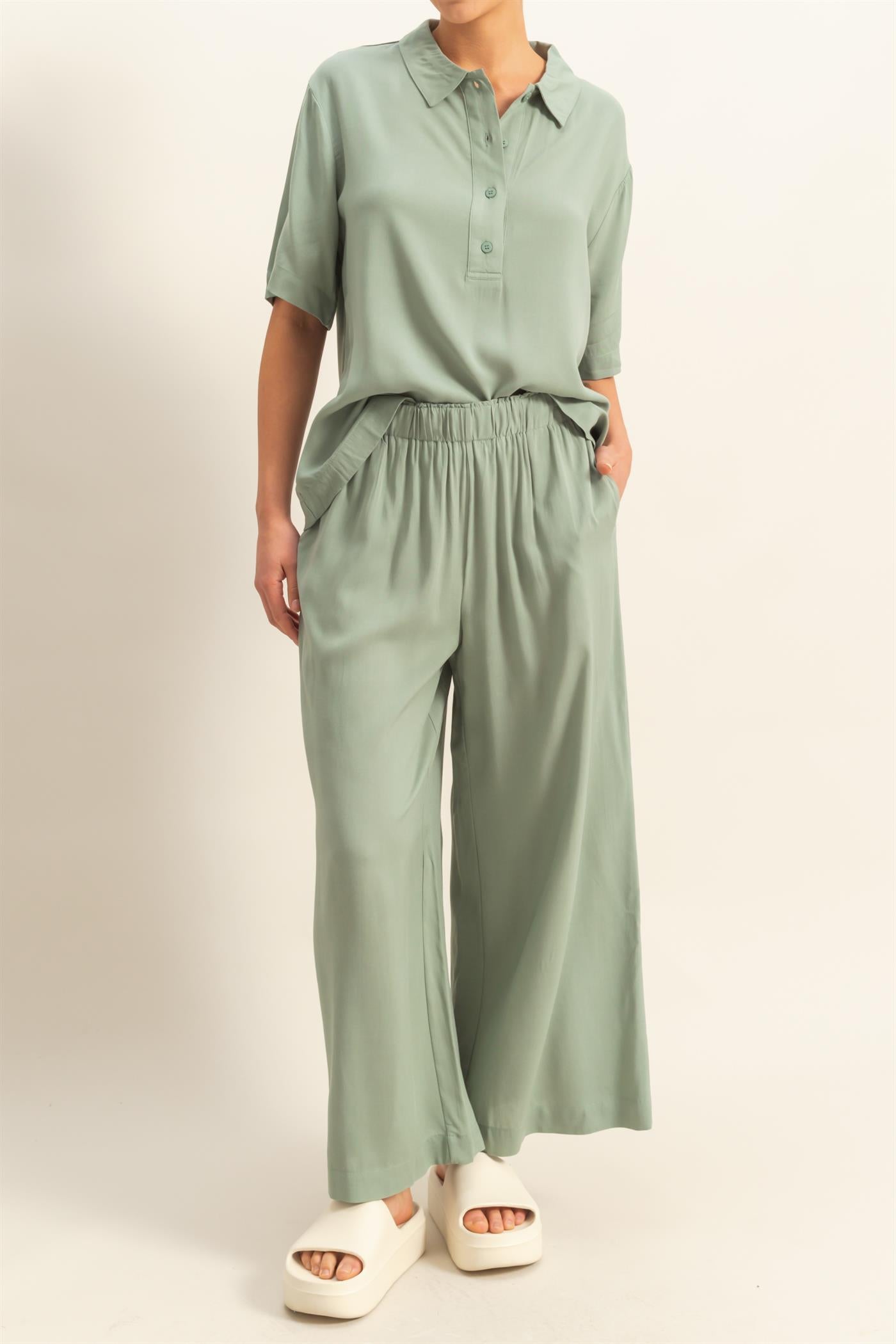 Wholesale High Waist Woven Wide Leg Pants Pants DZ25C192 SAGE GREEN DOUBLE ZERO