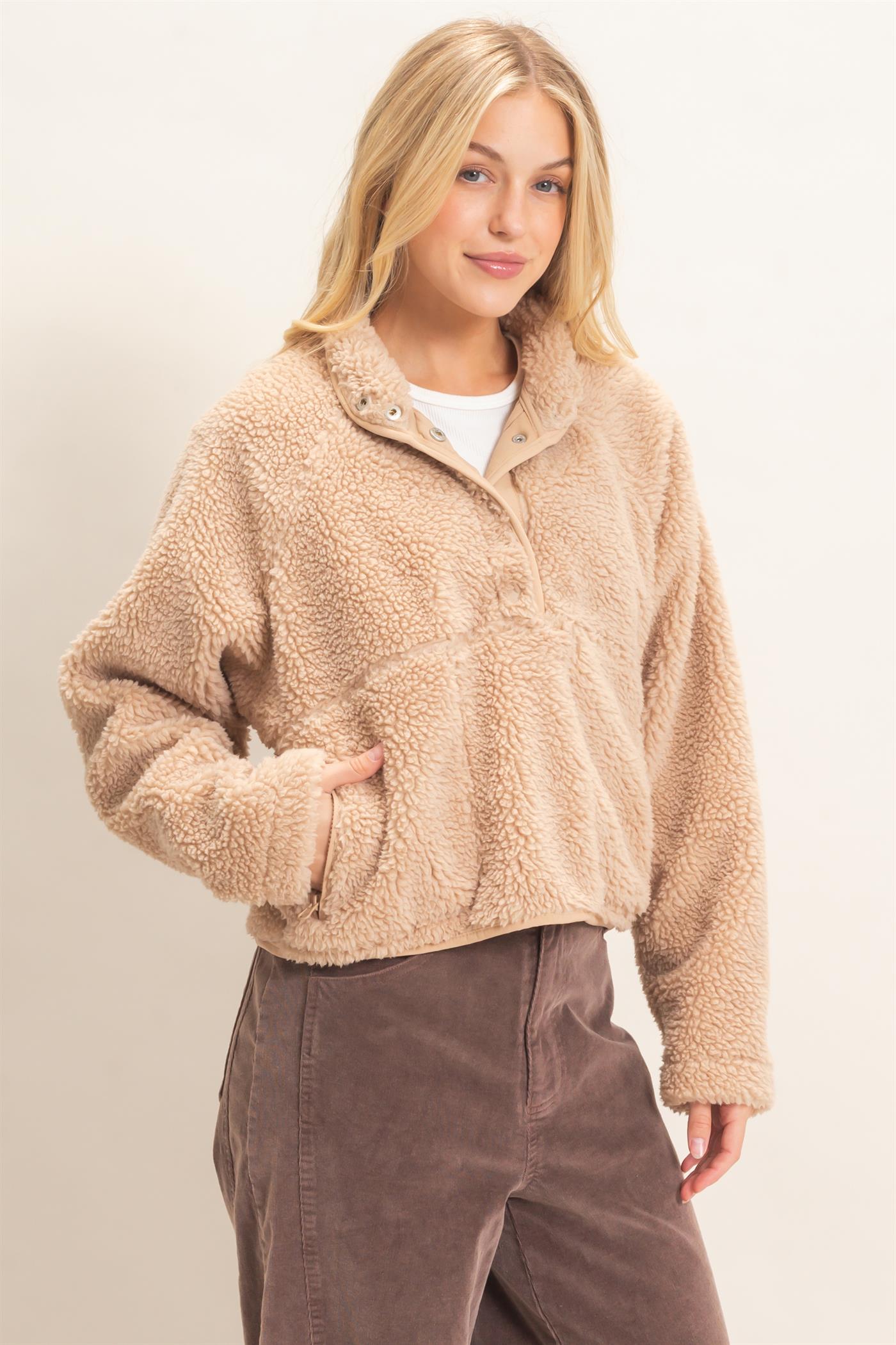 Wholesale Half-Zip Sherpa Jacket Sweatshirts HF26F130-D BEIGE HYFVE