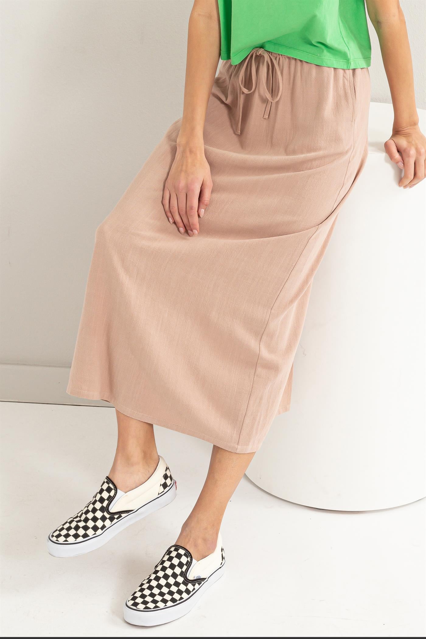 Wholesale Linen Midi Skirt Skirts DZ24A302 TAN DOUBLE ZERO