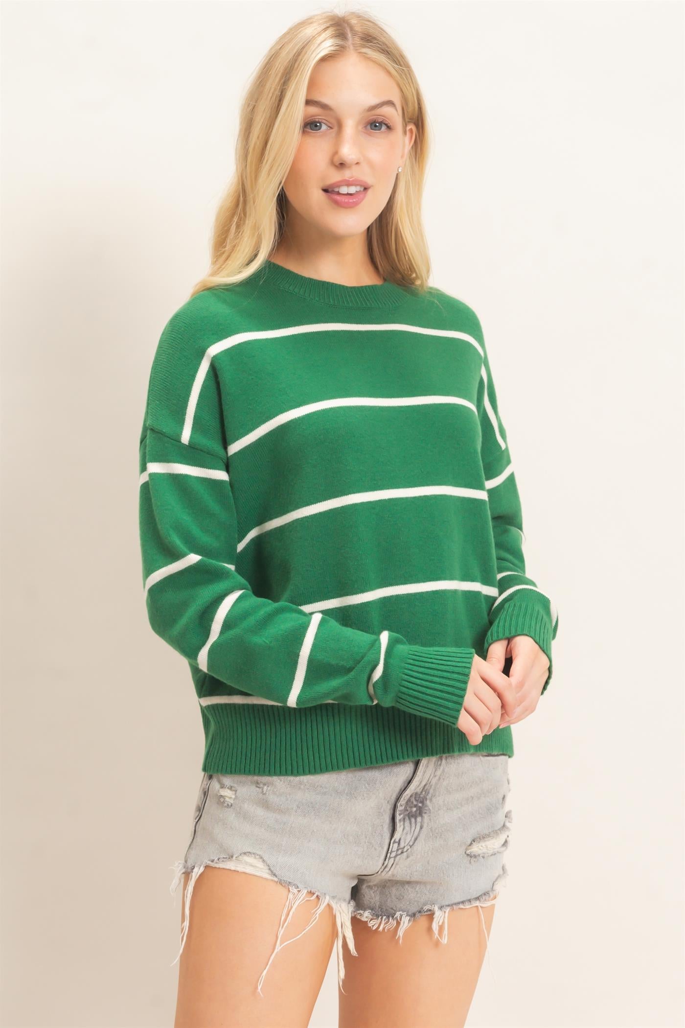 Wholesale Striped Ribbed Crew Neck Sweater Sweaters HF26F169 GREEN HYFVE