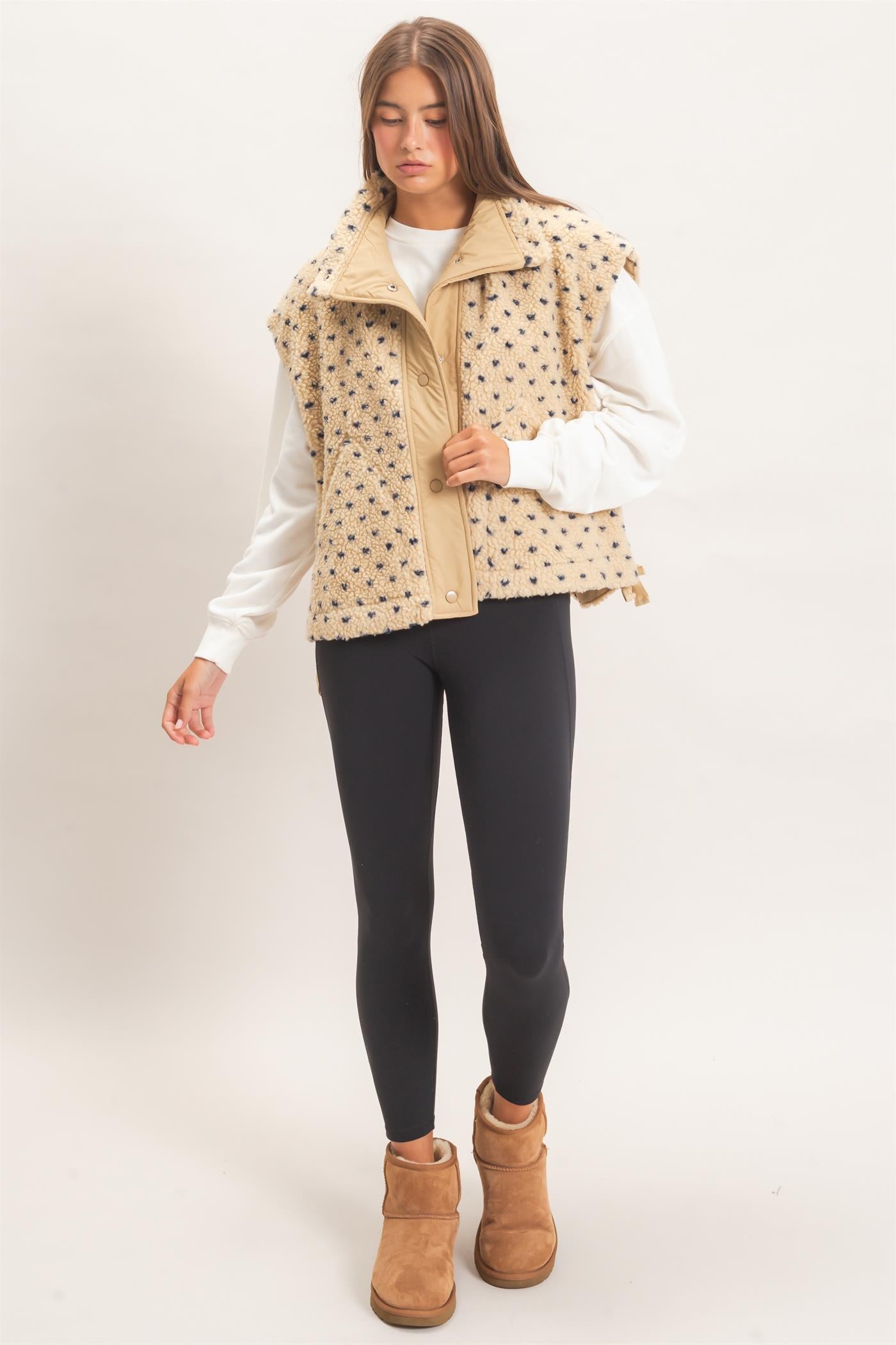 Wholesale Polka Dot Sherpa Vest Outerwear DZ26F260 NAVY DOUBLE ZERO
