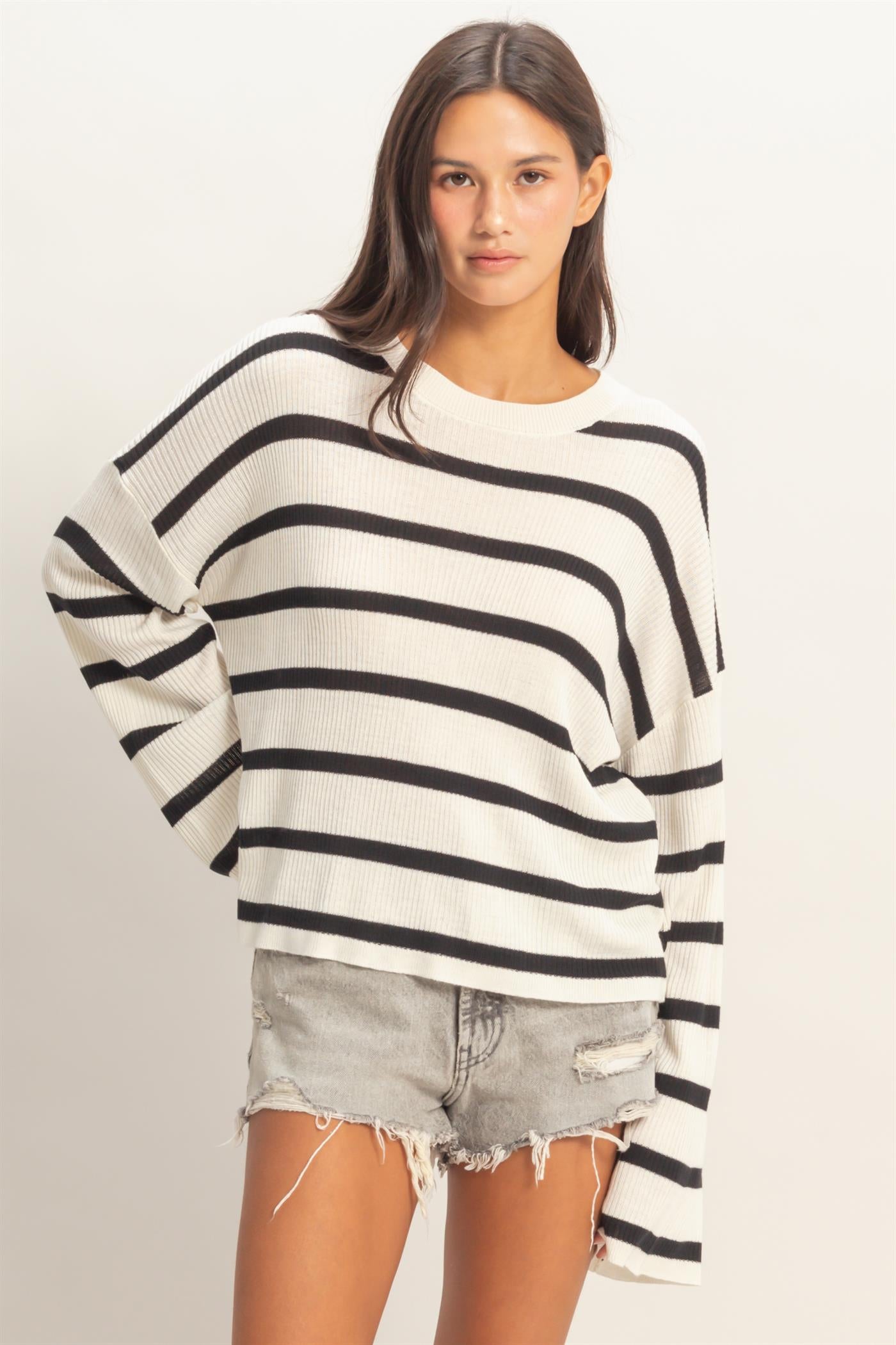 Wholesale Lightweight Wide-Sleeve Striped Sweater Clothing Tops DZ26A329 BLACK DOUBLE ZERO