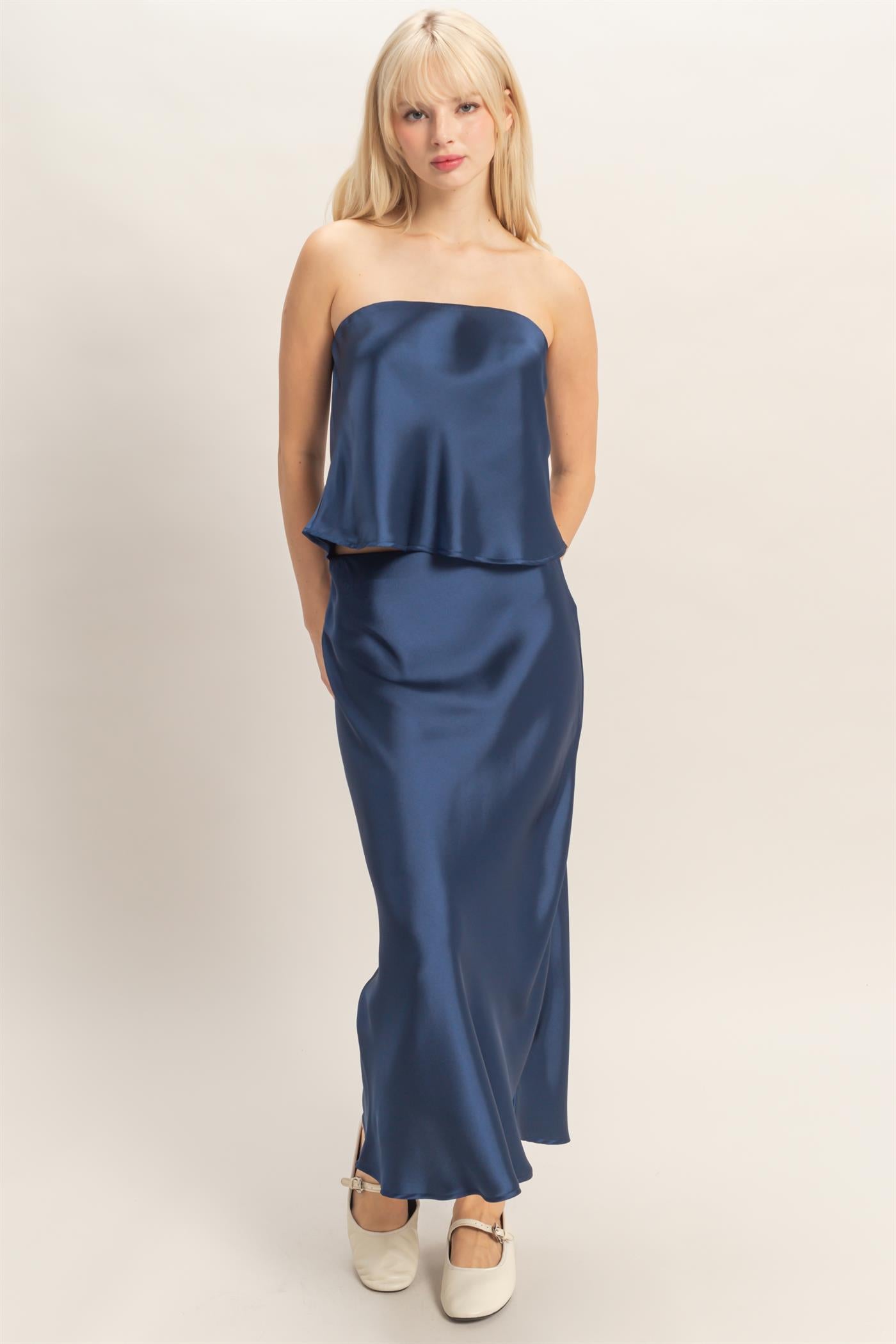 Wholesale Satin Strapless Tube Top Clothing Tops DZ26C398 NAVY DOUBLE ZERO