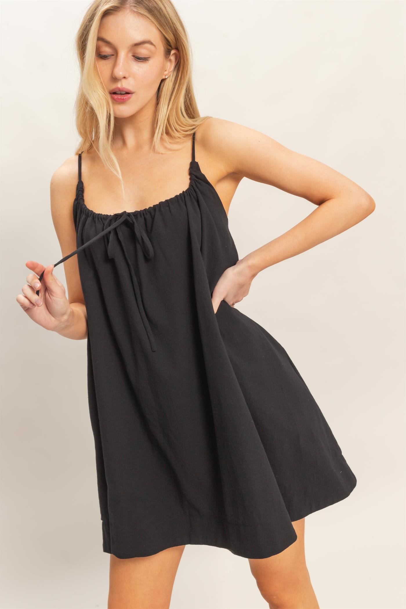 Wholesale Gathered Tie Strap Dress Dresses HF26A237 BLACK HYFVE