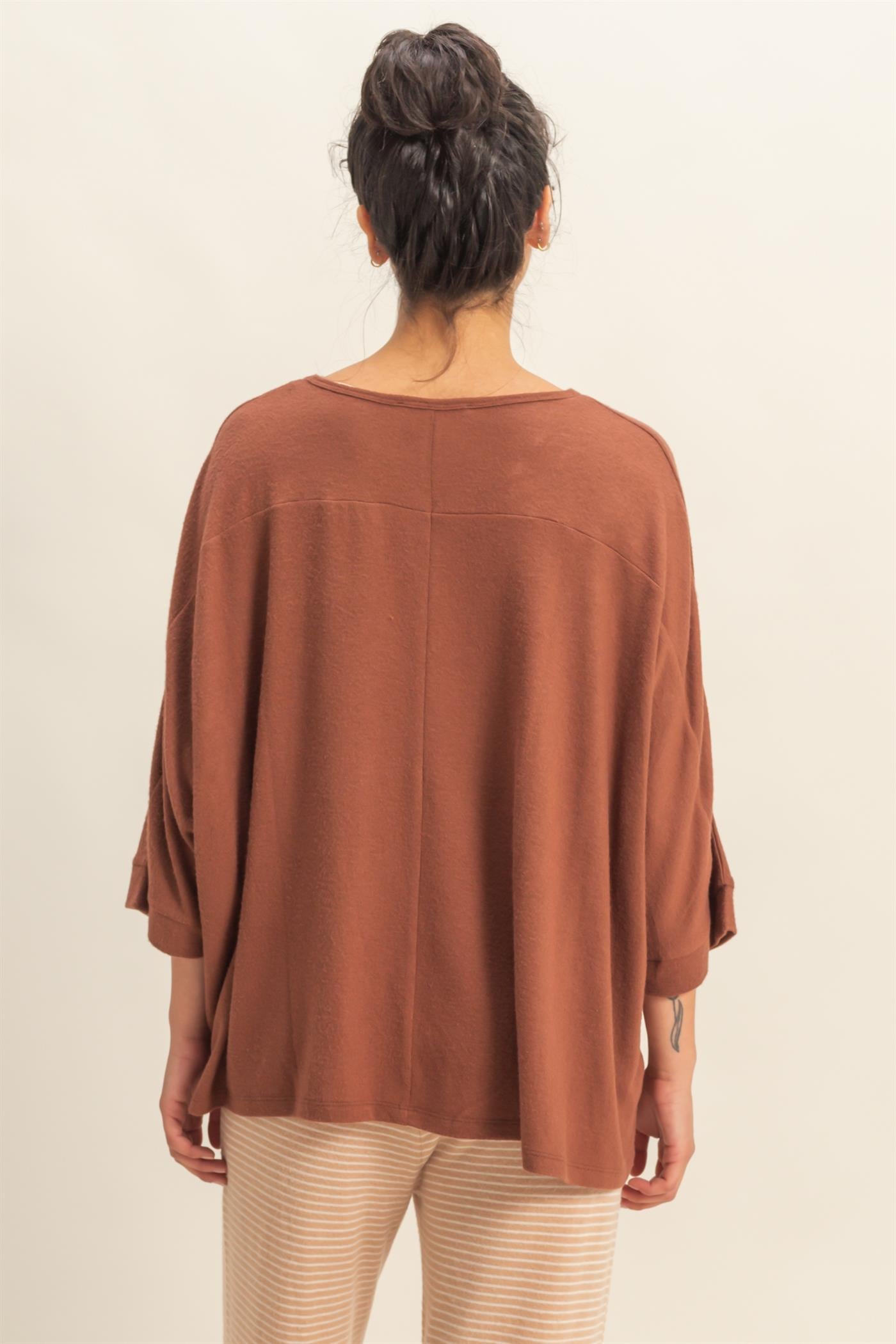 Wholesale Batwing 3/4 Sleeve Oversized Top Clothing Tops DZ25E133 CHESTNUT DOUBLE ZERO