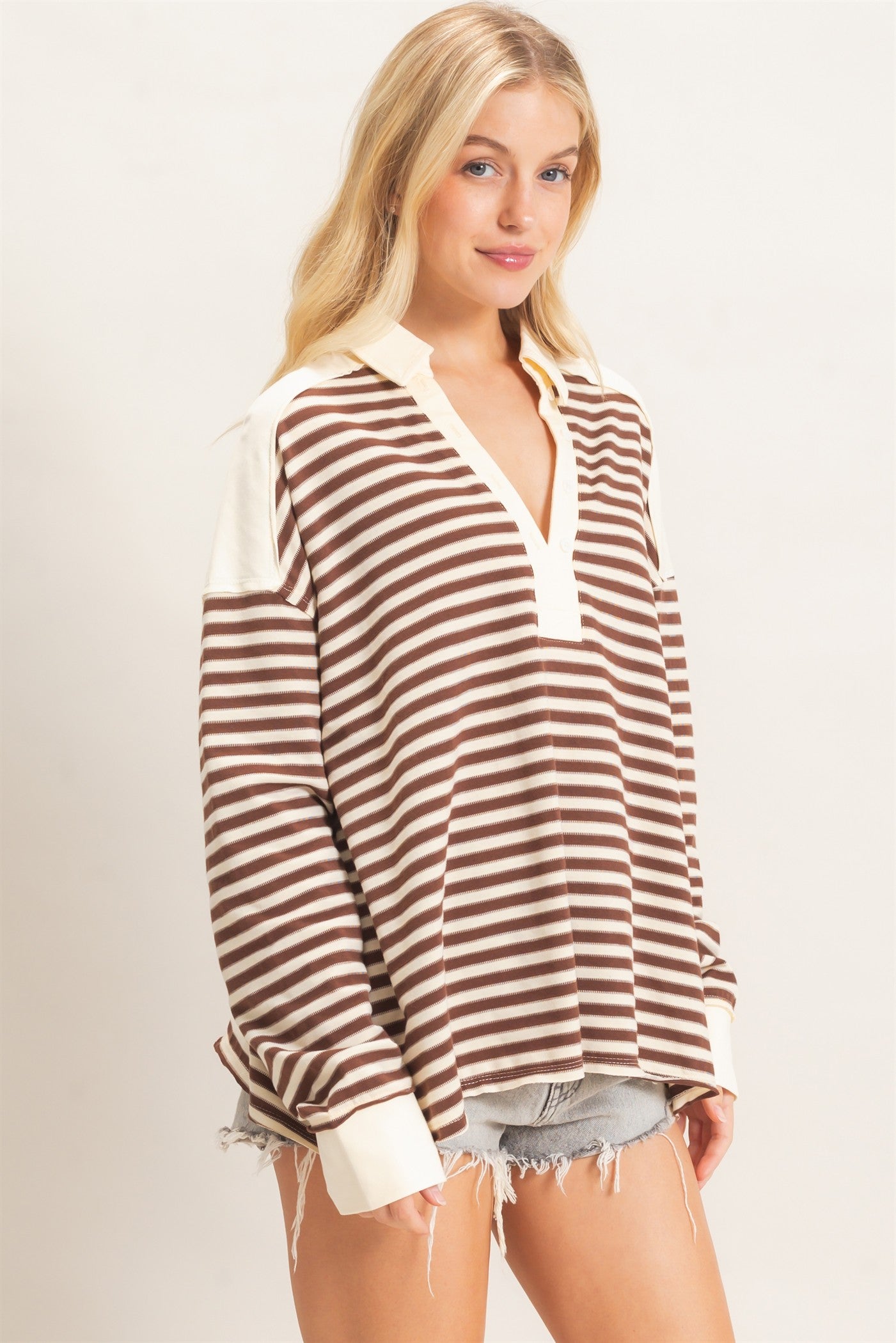 Wholesale Striped Henley Sweatshirt Clothing Tops HF26F089 CHESTNUT HYFVE
